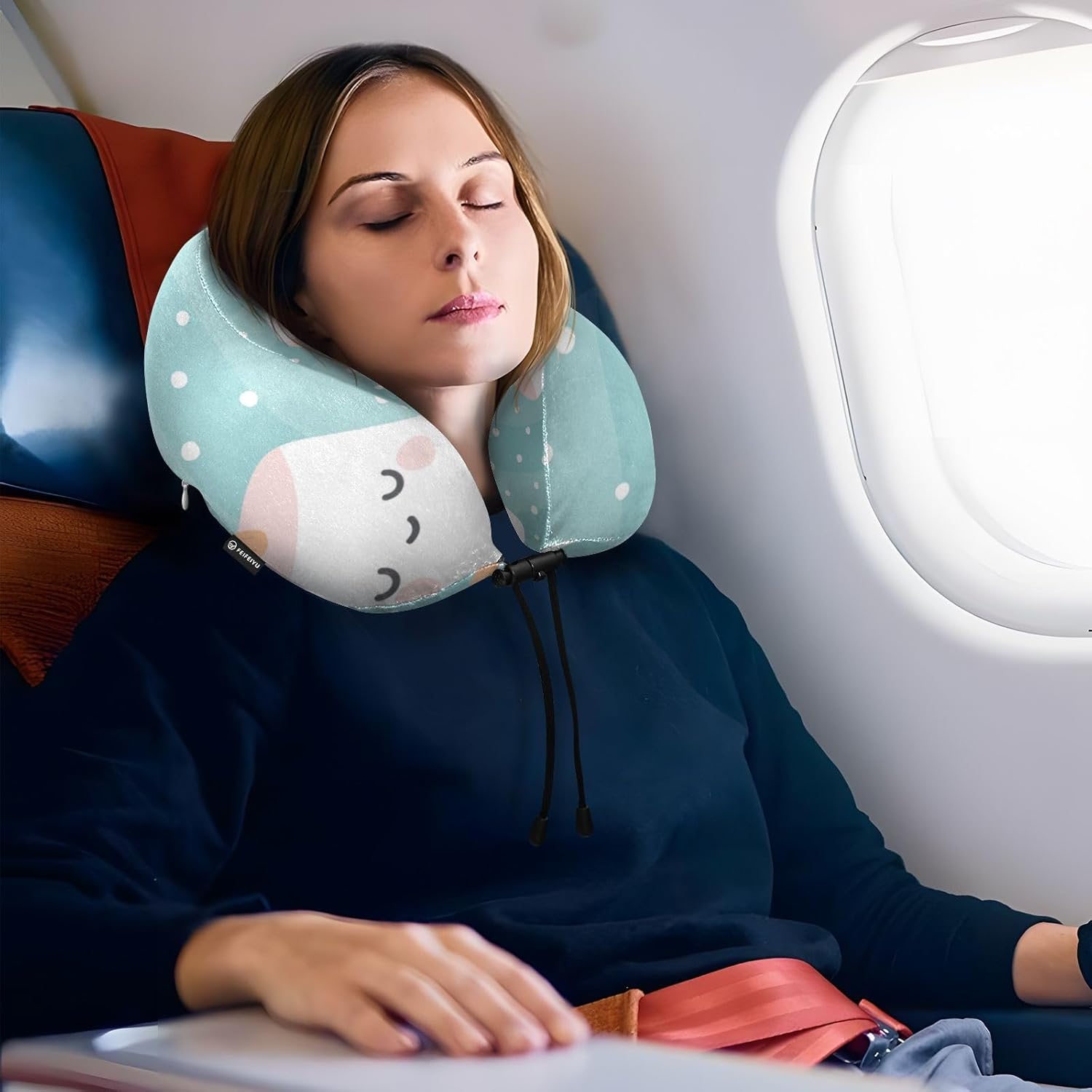 Marshmallow – Almohadas de viaje portátiles con patrón de cara, almohada en forma de U para avión, almohada de viaje para niños