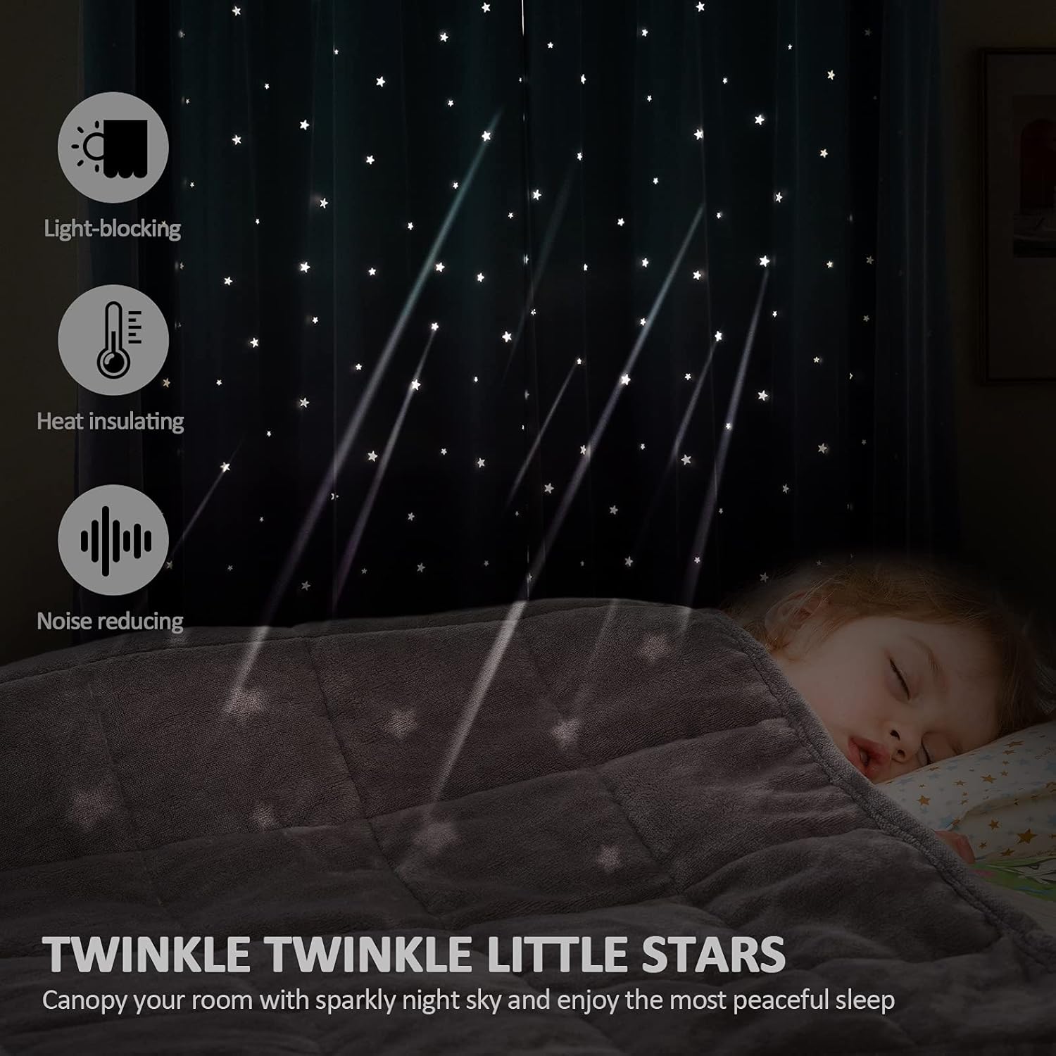 Stiio Cortinas opacas con corte de estrella para dormitorio de niñas, 2 paneles, cortinas opacas 2 en 1 con bloqueo de luz con ojales transparentes