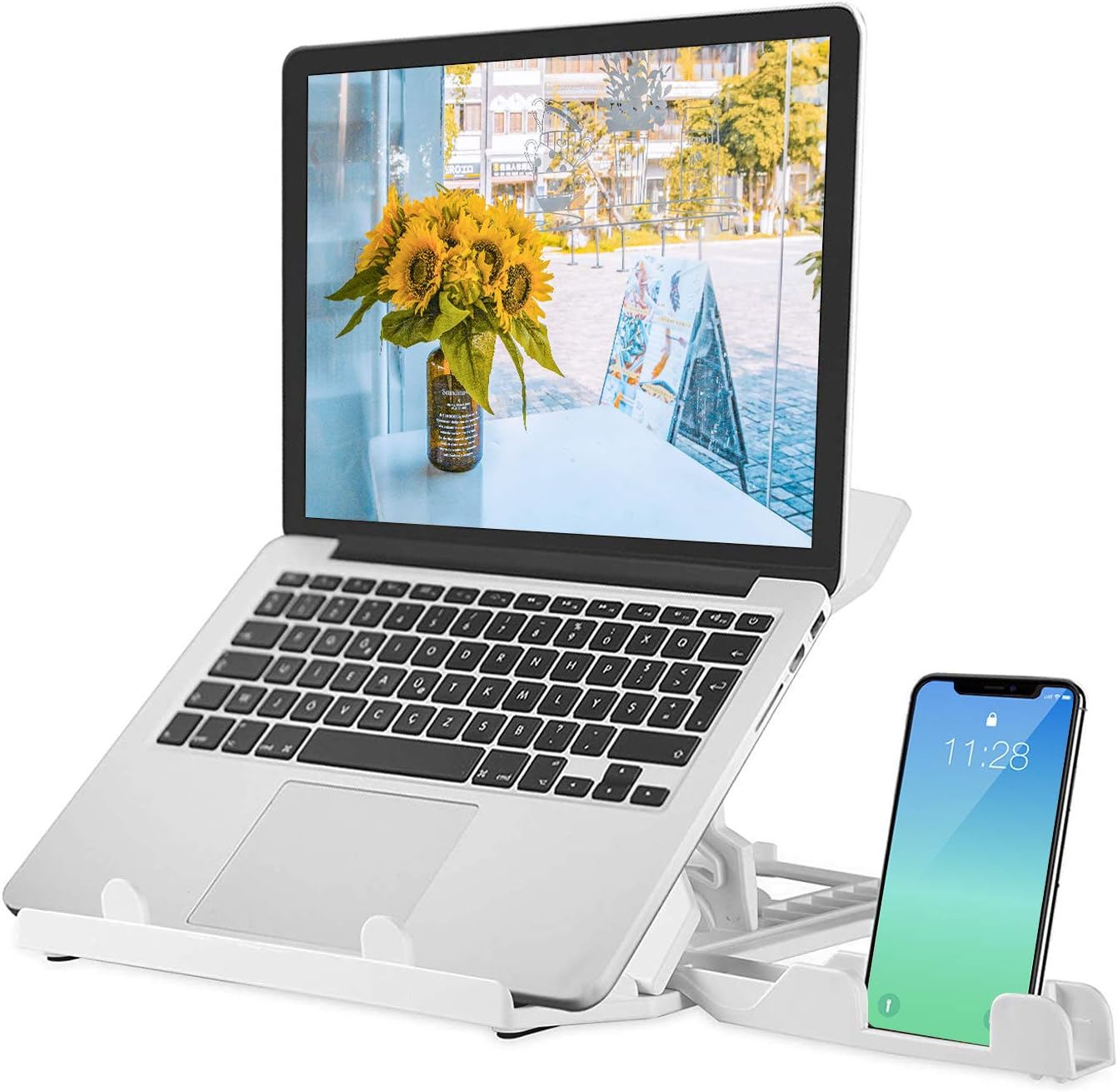 Soporte ajustable para laptop, soporte para computadora portátil con soporte integrado para teléfono, multiángulo y altura plegable para laptop con