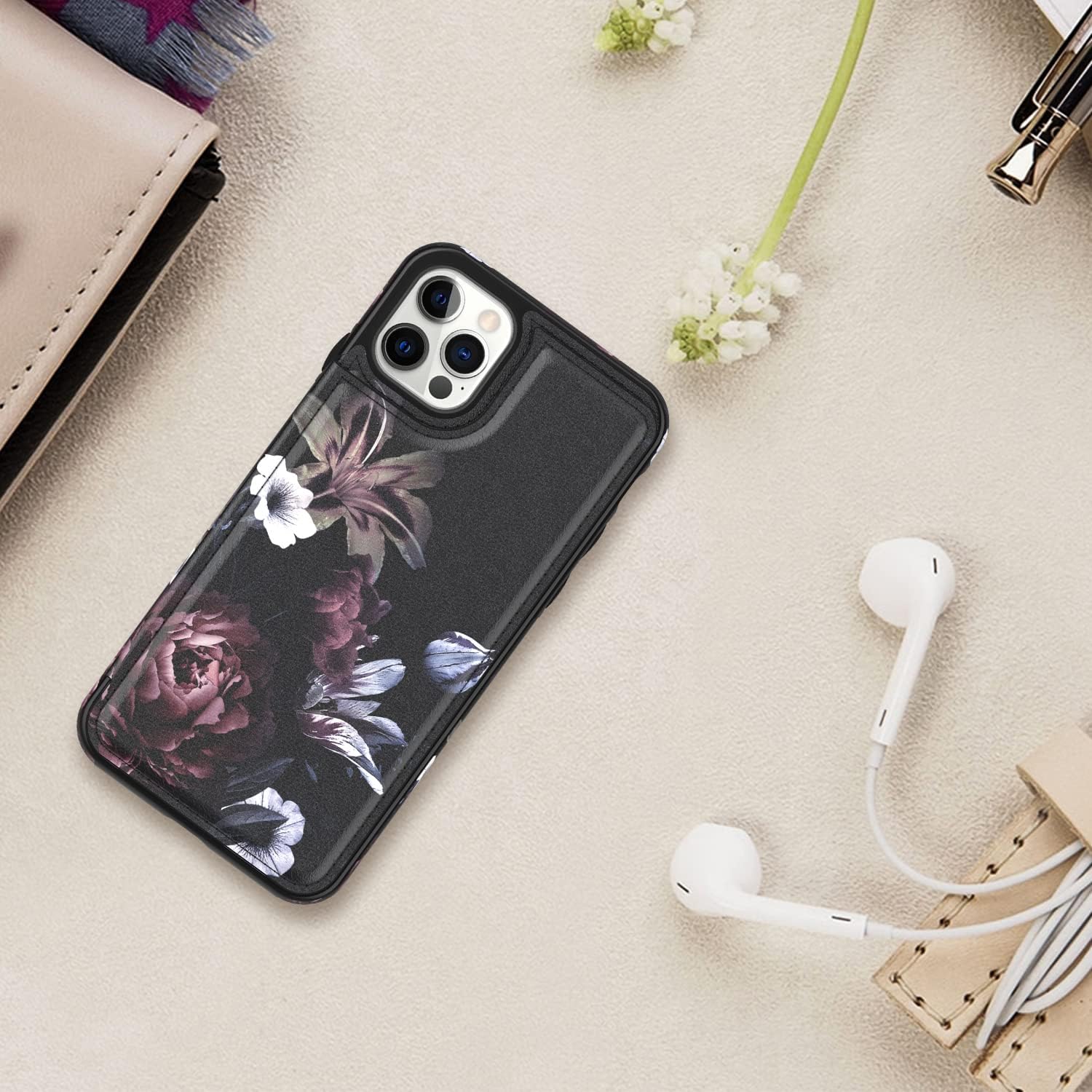 LETO Funda para iPhone 15 Pro con tapa tipo folio de cuero, diseños de flores de moda, ranuras para tarjetas, función atril, funda protectora para