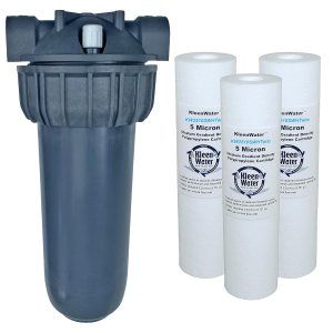 KleenWater Filtro de agua caliente (1), soporte de montaje (1), cartuchos de alta temperatura, 5 micrones (3), junta tórica de repuesto (1), llave KleenWater Filtro de agua caliente (1), soporte de montaje (1), cartuchos de alta temperatura, 5 micrones (3), junta tórica de repuesto (1), llave