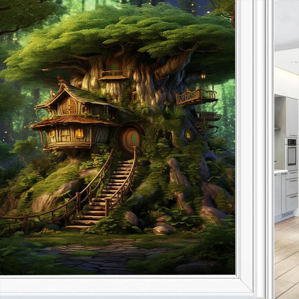 Película de privacidad rústica para ventana, diseño retro de árbol de casa, vitral, bloqueo solar, control de calor, película decorativa para cubrir