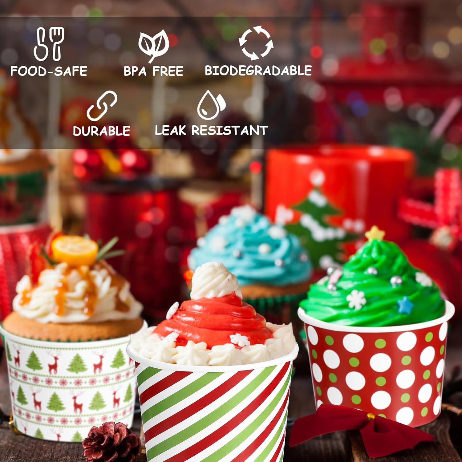 Cuencos desechables de postre de Navidad, de 9 onzas, cuencos de papel de Navidad para golosinas de Navidad, tazones de helado a rayas con copos de