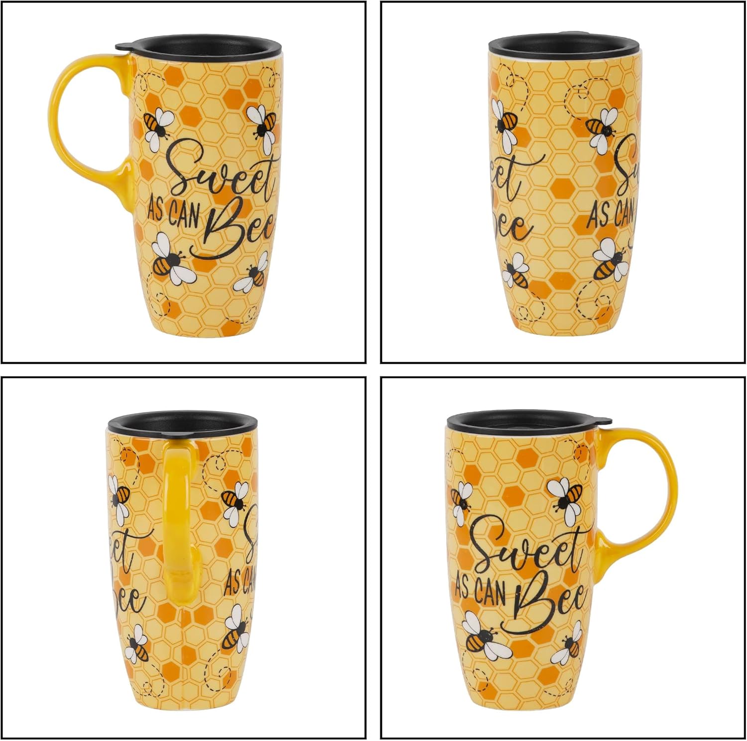 DUSVALLY Taza de cerámica de viaje, taza de café de porcelana con tapa a prueba de derrames y caja de color, 17 onzas. Abeja