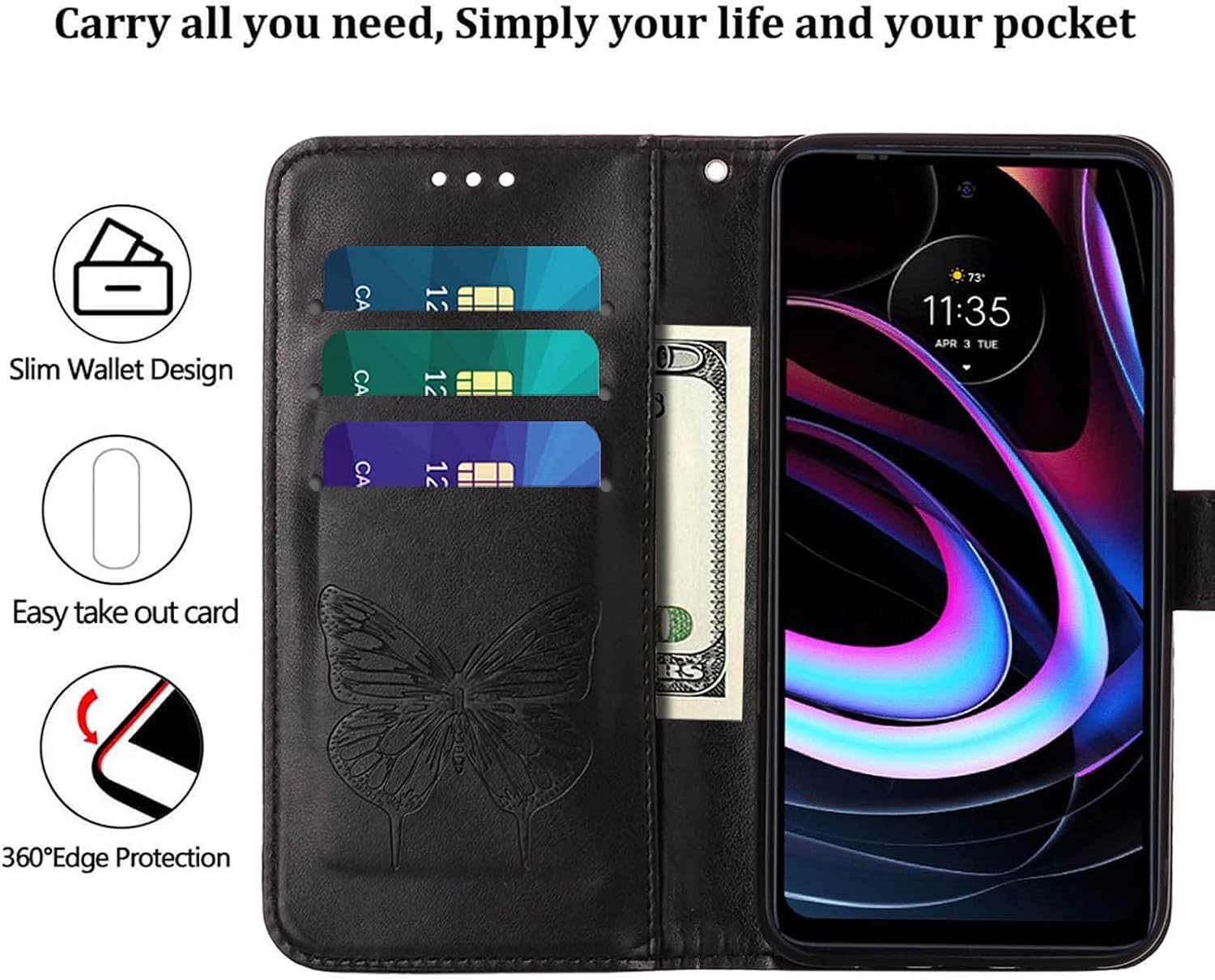 Funda compatible con Motorola Edge 2021, función atril, correa de muñeca, ranuras para tarjetero, diseño floral de mariposa, funda de piel sintética