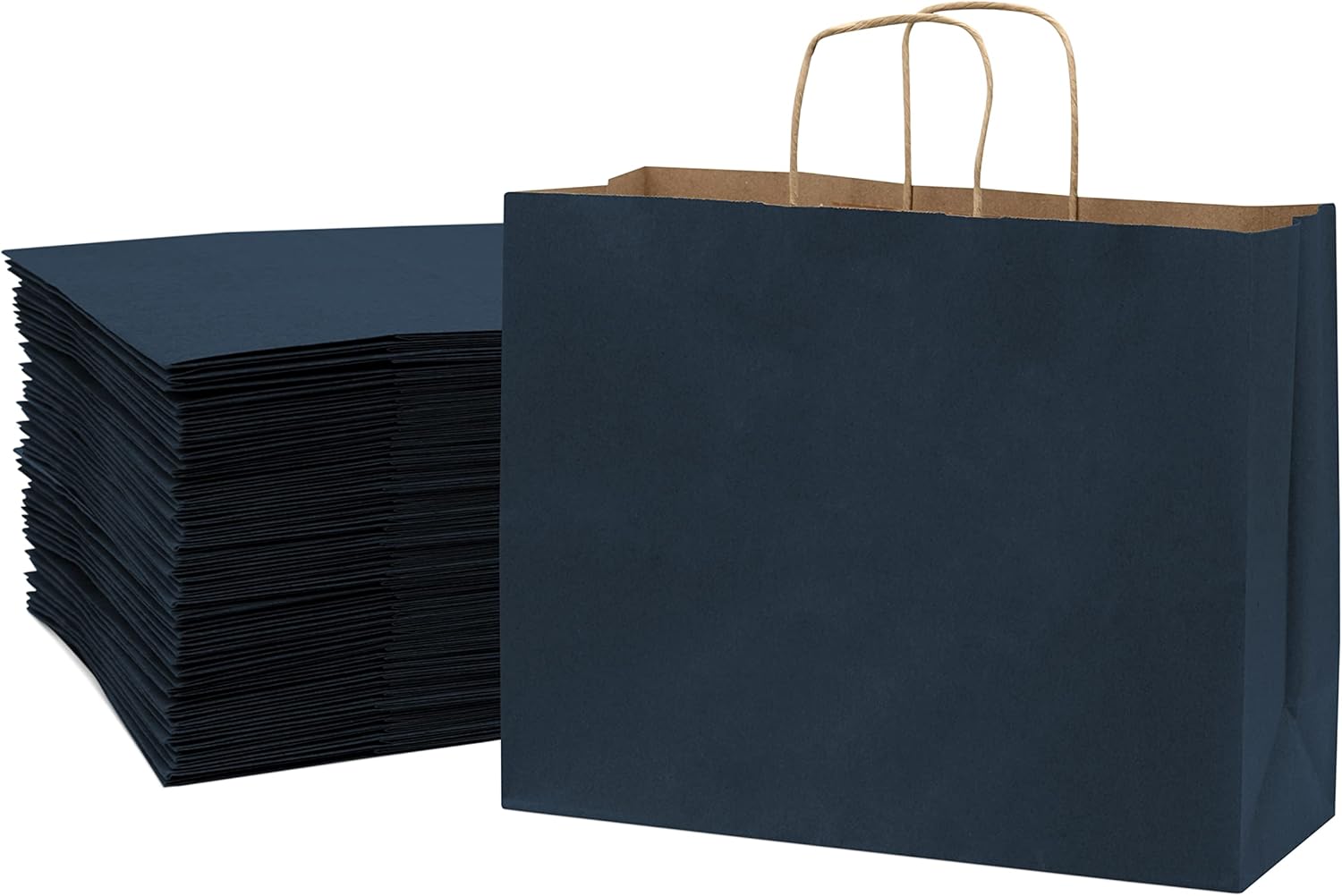 Bolsas de regalo azules  16 x 6 x 12 pulgadas, paquete de 100 bolsas de compras de papel kraft azul marino con asas, bolsas de manualidades a granel