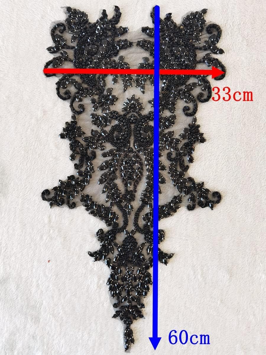 Apliques de encaje hechos a mano con diamantes de imitación para coser en perlas para accesorios de ropa de vestir (negro)