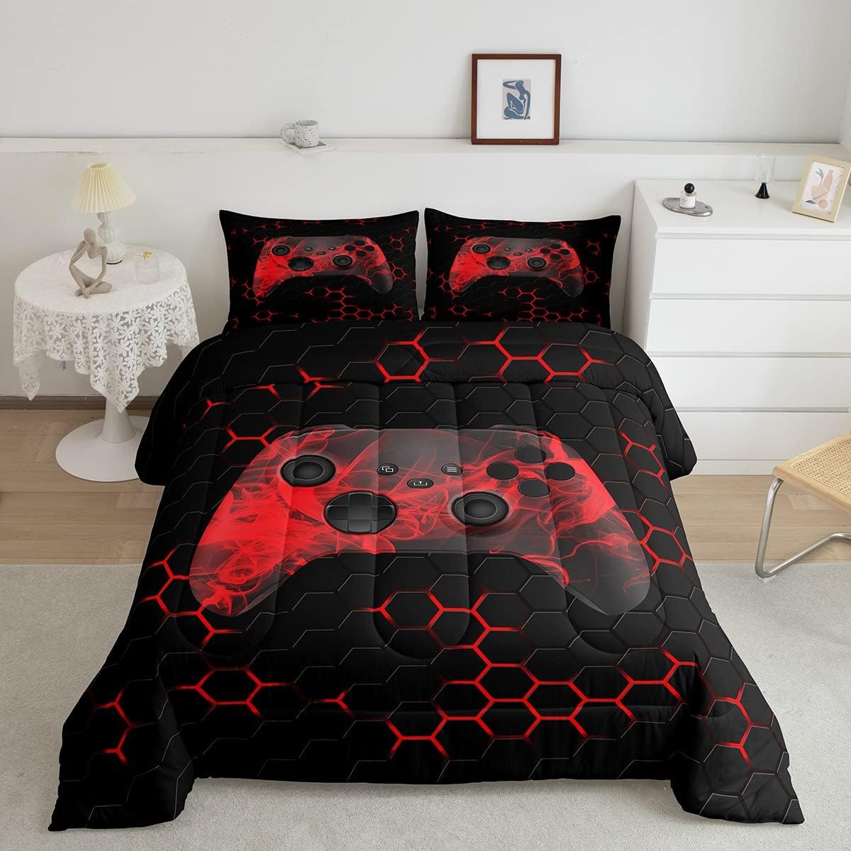 Erosebridal Juego de ropa de cama para niños y adolescentes, juego de edredón geométrico de panal hexagonal para niños, edredón de plumón con 1