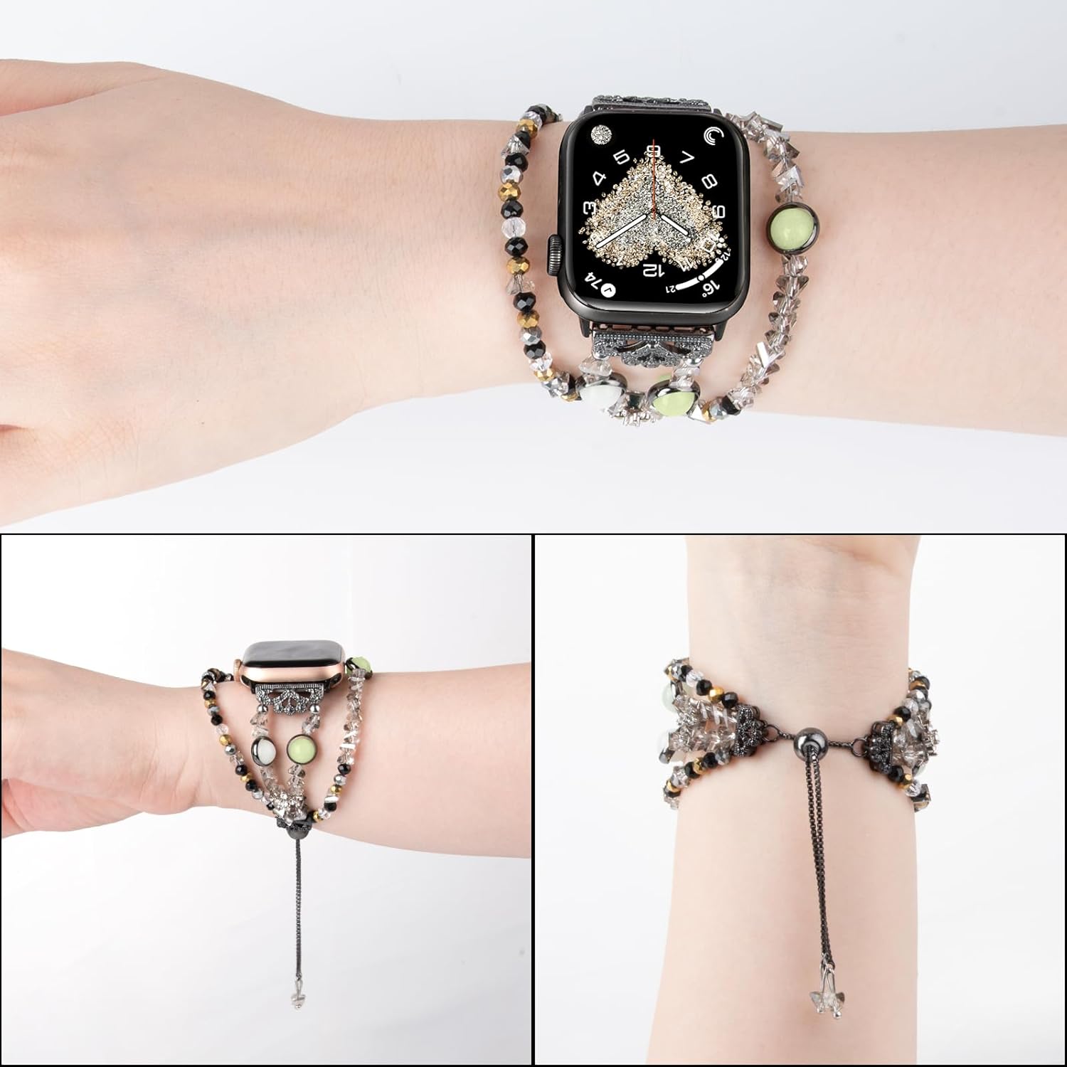 TOMAZON Correa luminosa de perlas compatible con Apple Watch de 1.496 in, 1.575 in, 1.614 in, 1.654 in, 1.732 in, 1.772 in, pulsera elegante de