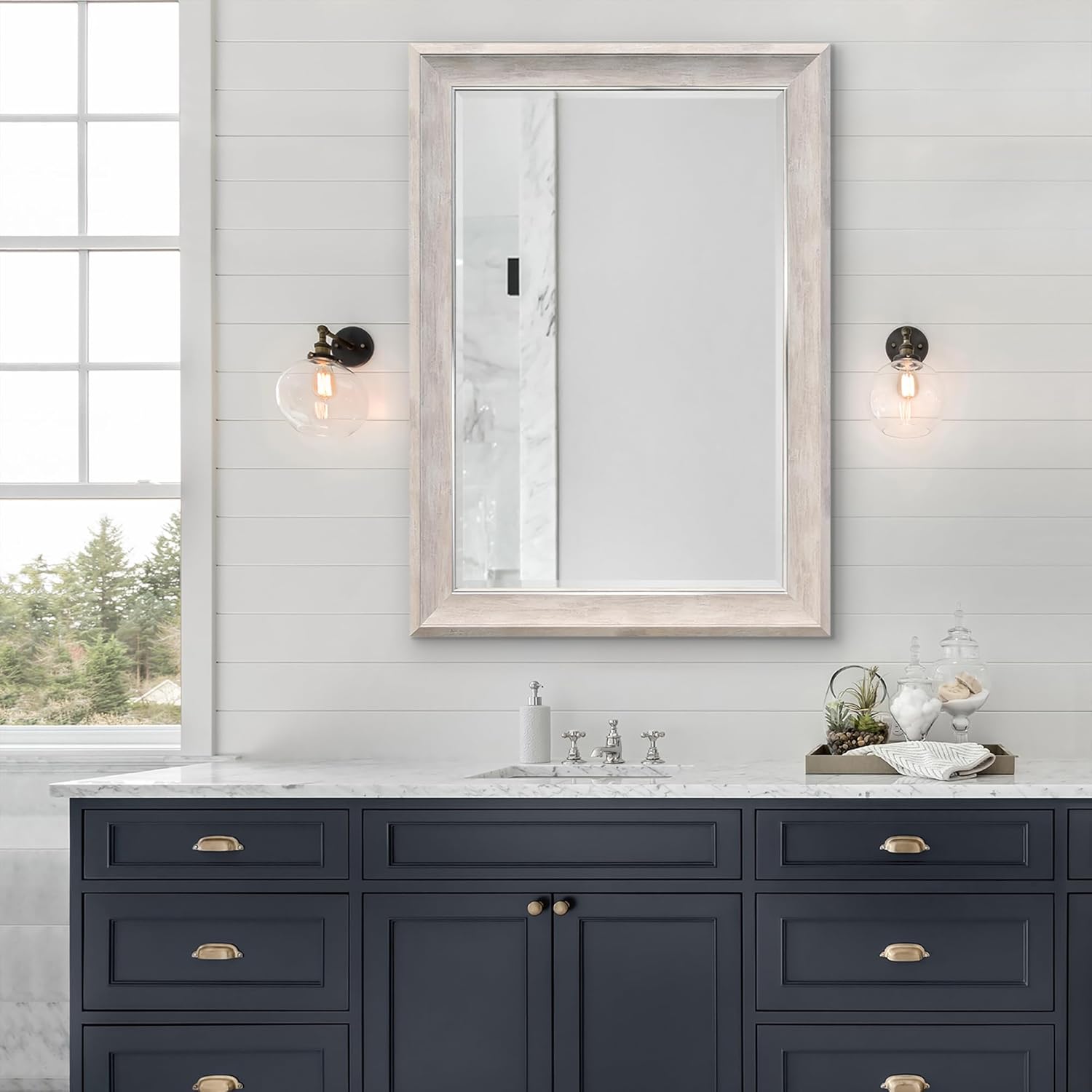 Americanflat Espejo de pared enmarcado de madera crema envejecida de 30 x 42 pulgadas, espejo de pared para baño, sala de estar, entrada y espejo