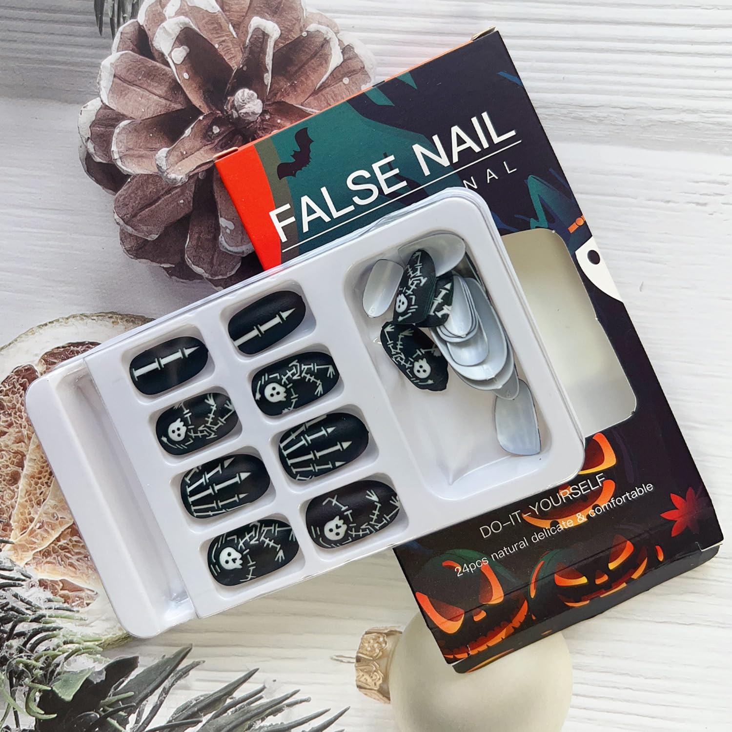 24 uñas negras a presión de Halloween, uñas postizas medianas de forma ovalada para Halloween, uñas con pegamento en uñas con patrón de esqueleto