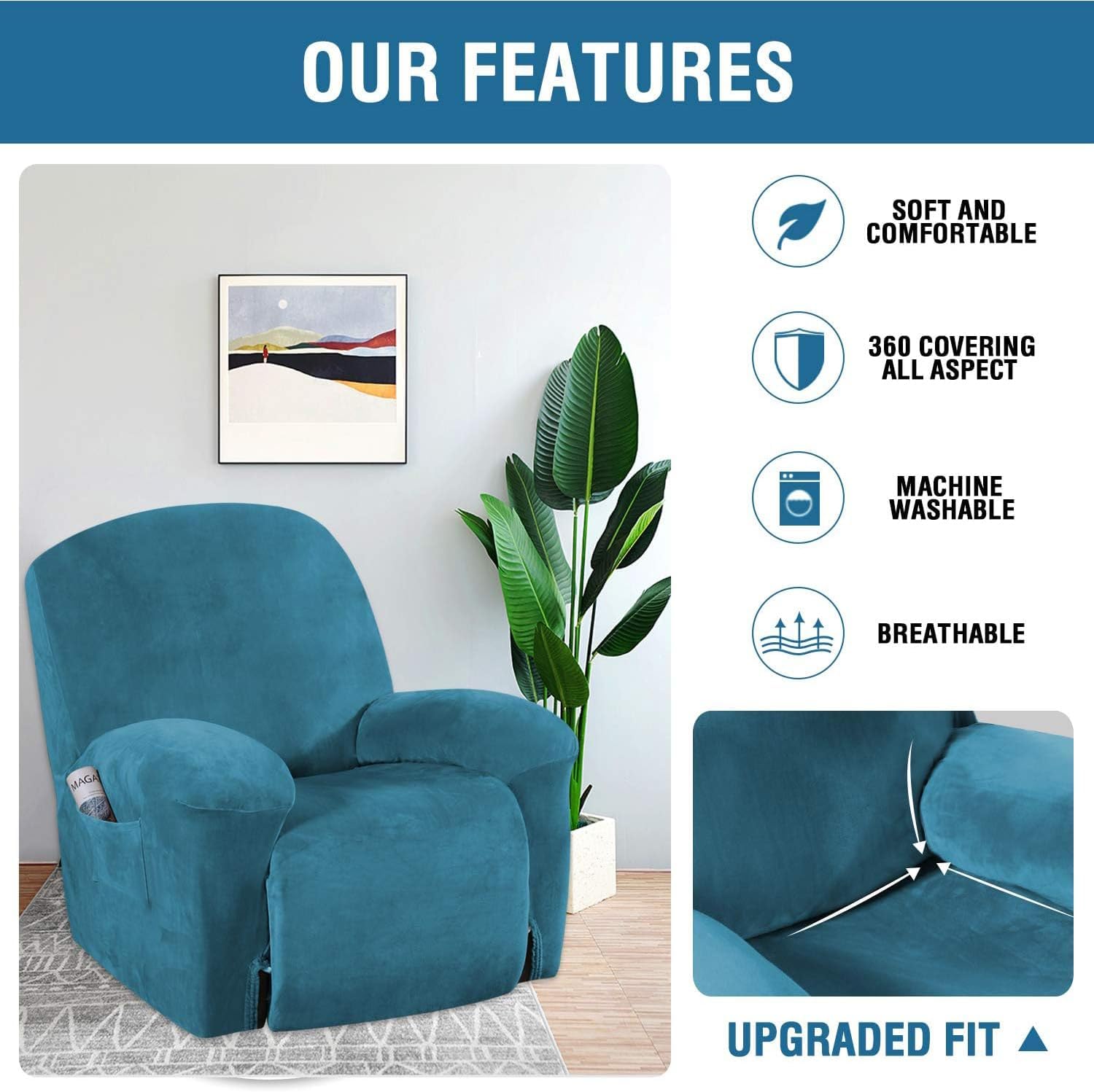 H.VERSAILTEX – Funda para sillón reclinable de terciopelo de 1 pieza, para sillón reclinable grande, protector de muebles de terciopelo suave de