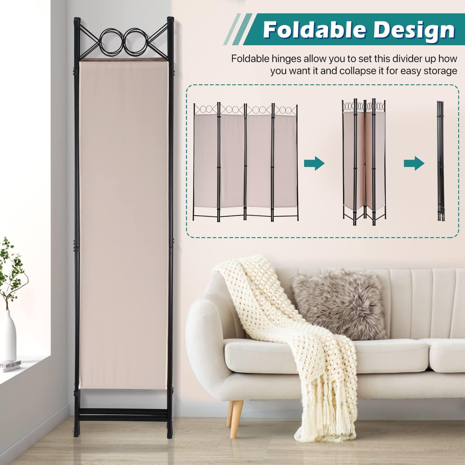 Divisores de habitación plegables de 4 paneles, marco de acero de 68 pulgadas de alto y superficie de tela, divisor de pared separador de