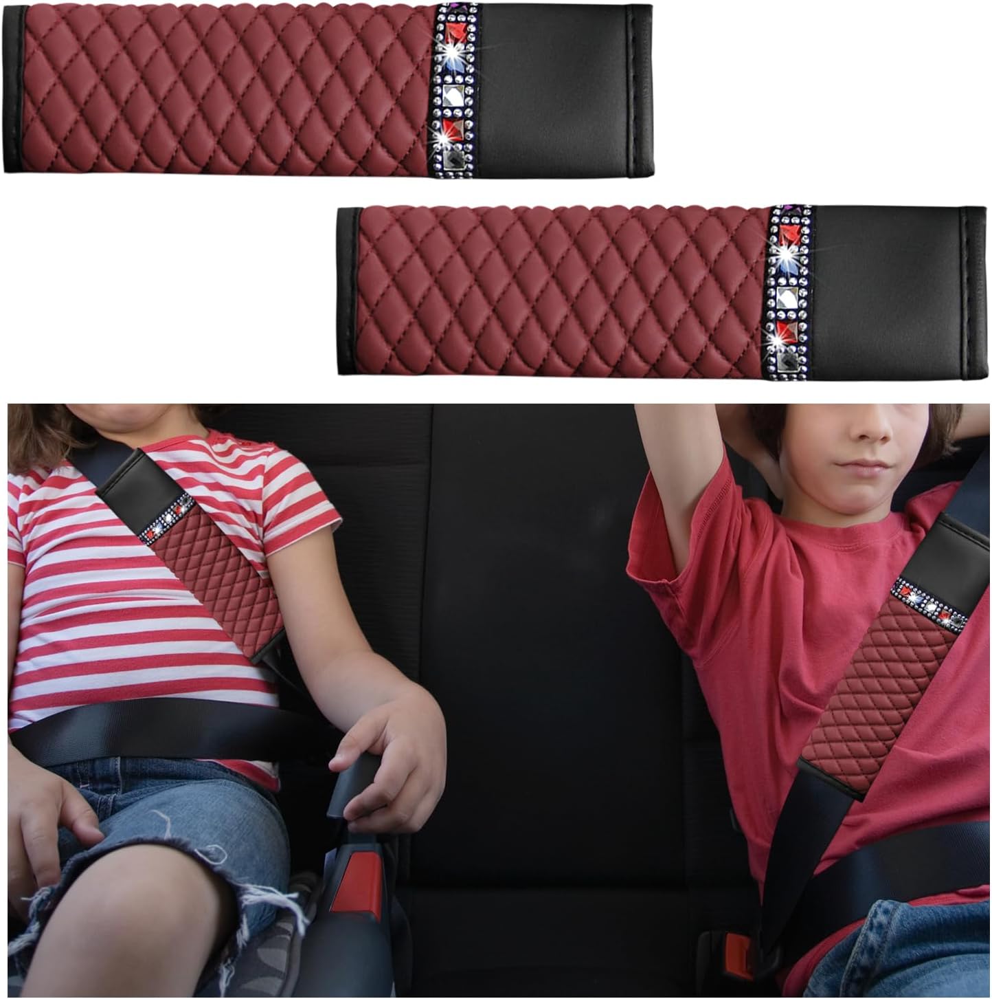 Ziciner 2 fundas de cuero para cinturón de seguridad, fundas para cinturón de seguridad con diamantes de imitación brillantes para mujer,