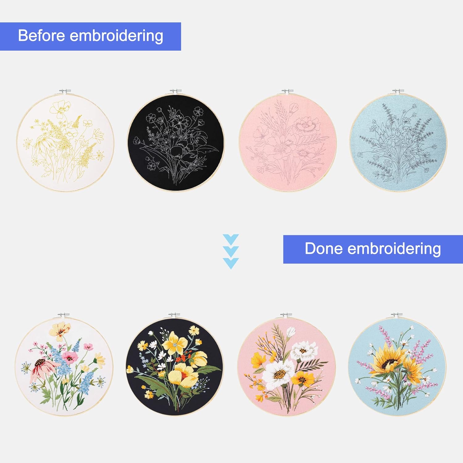 Santune Paquete de 4 bordados de flores para principiantes y adultos, kits de punto de cruz para principiantes bordado a mano con patrones de
