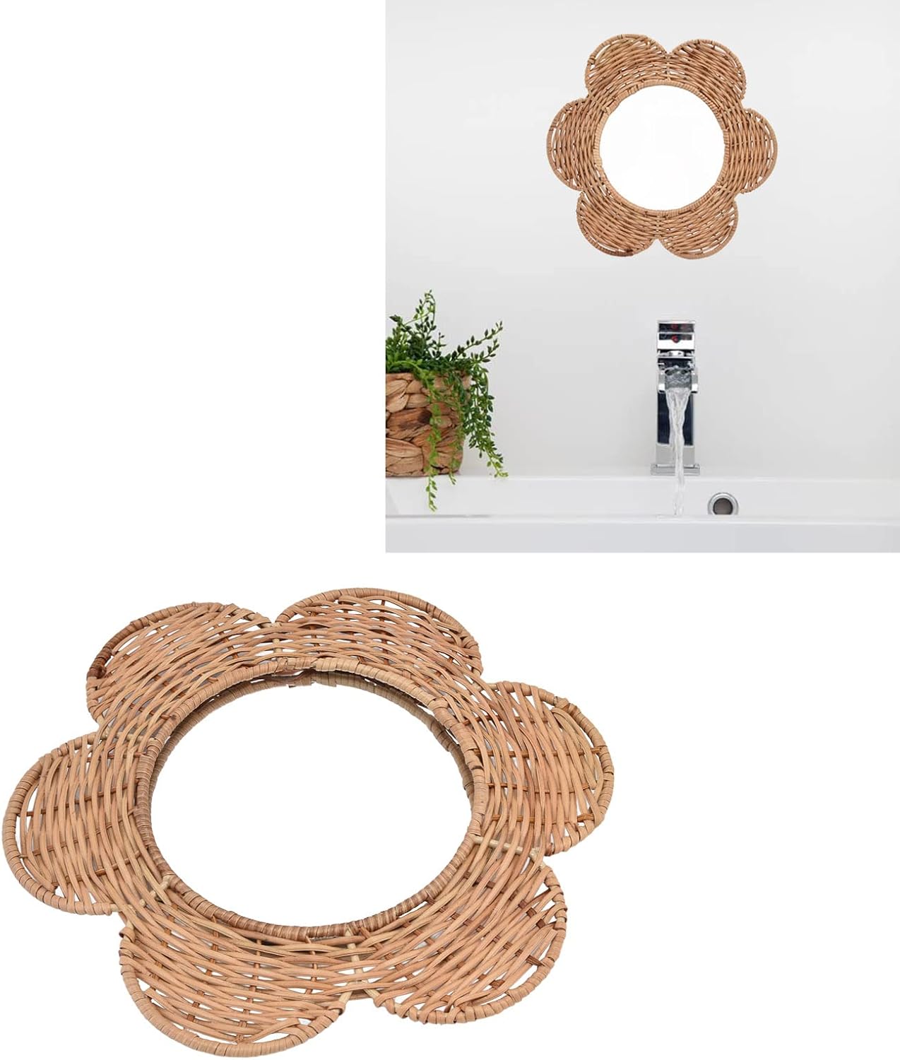 YLSZHY Espejo de pared con forma de flor redonda, espejo de pared de ratán, espejo decorativo bohemio decorativo para decoración del hogar, para