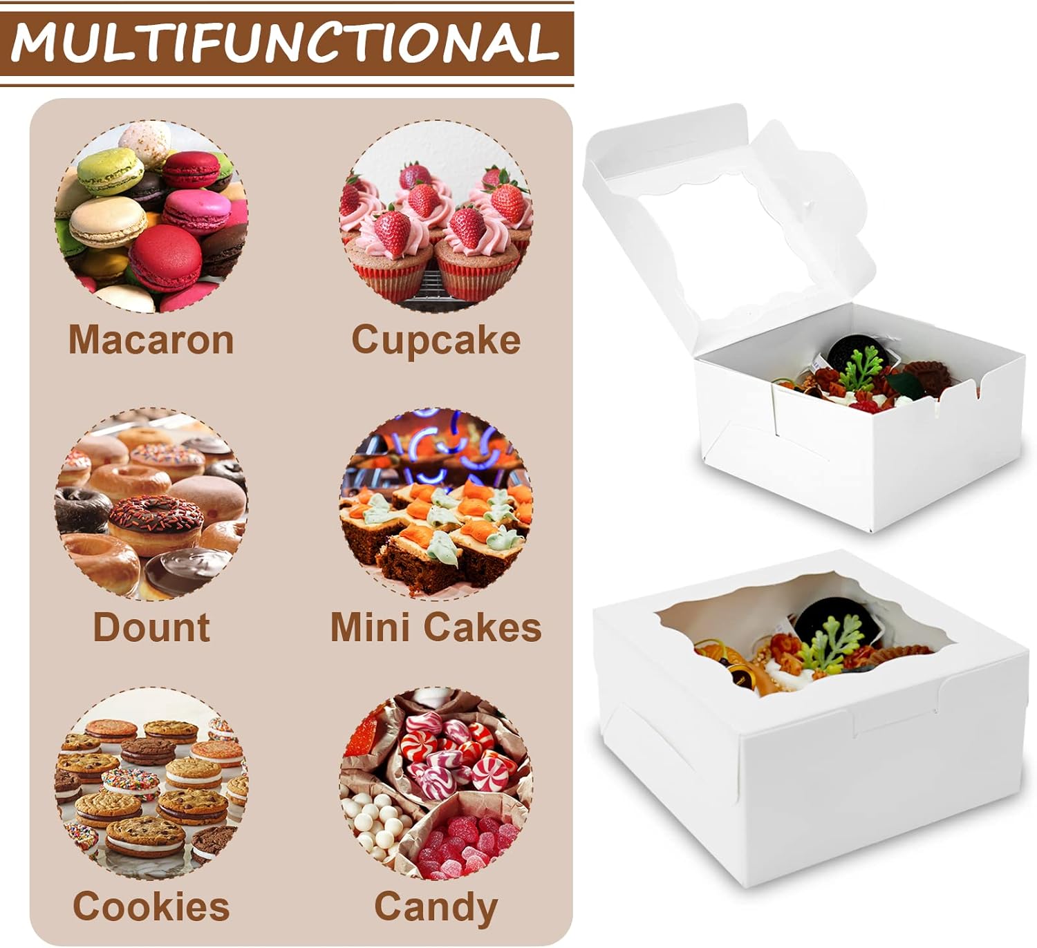 XIINHPKGG – 50 cajas de galletas de 6 x 6 x 3 pulgadas cajas de panadería con ventana, cajas de golosinas, cajas de fresas, mini cajas de pastel
