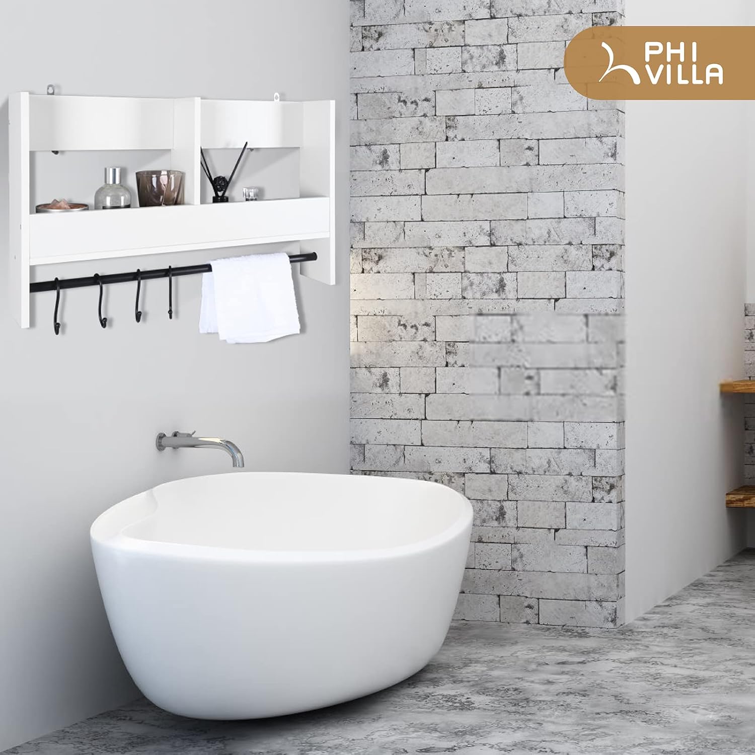 PHI VILLA Estante de ducha con ganchos, estante organizador de cocina montado en la pared, estante de almacenamiento, estantes flotantes de baño,