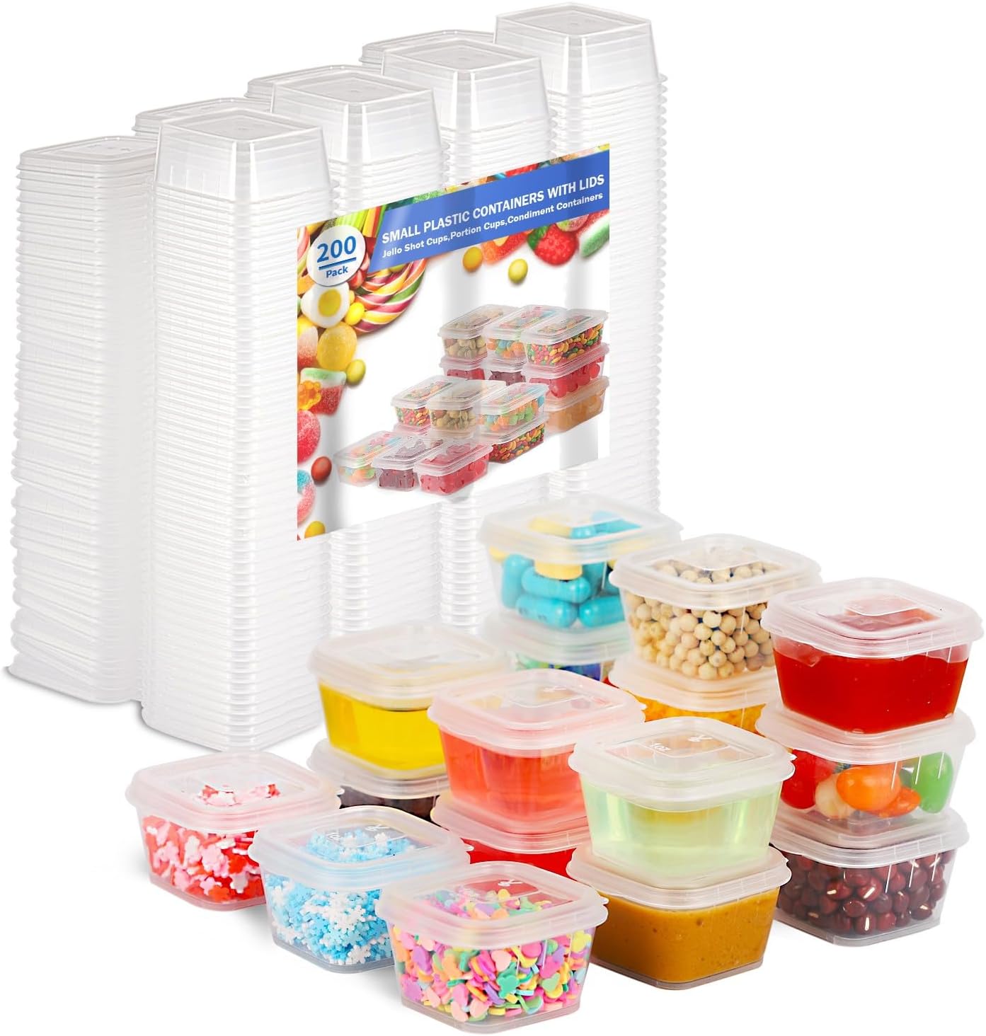 Recipientes cuadrados de plástico de 1 oz con tapas (paquete de 200), vasos transparentes de 1 onza con tapas, tazas pequeñas de 1 onza con tapas,