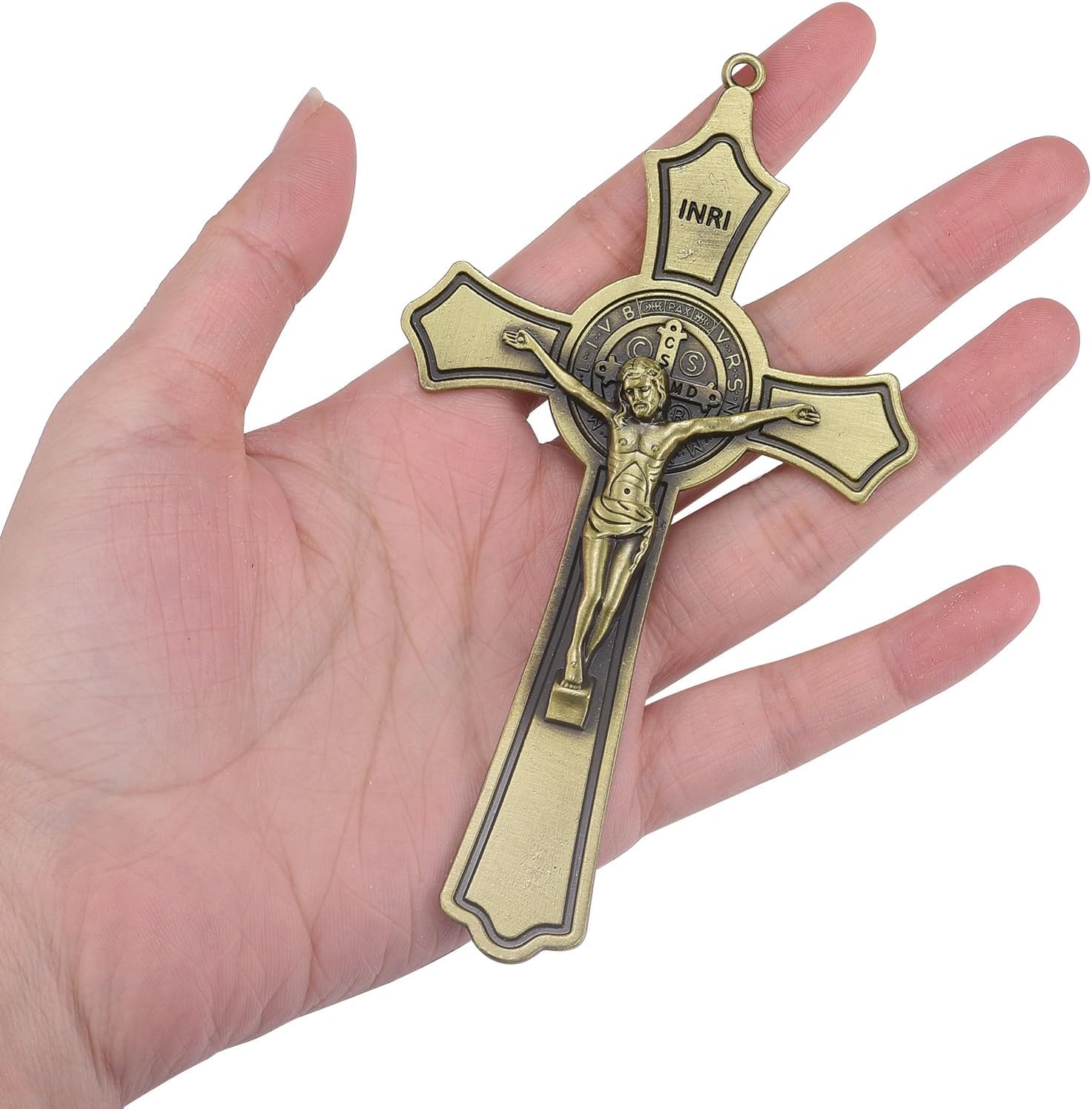 YionZian Crucifijo de pared de metal de 5 pulgadas Crucifijo de San Benito INRI Cruz de oración de mano para automóvil o hogar Arte de pared Da