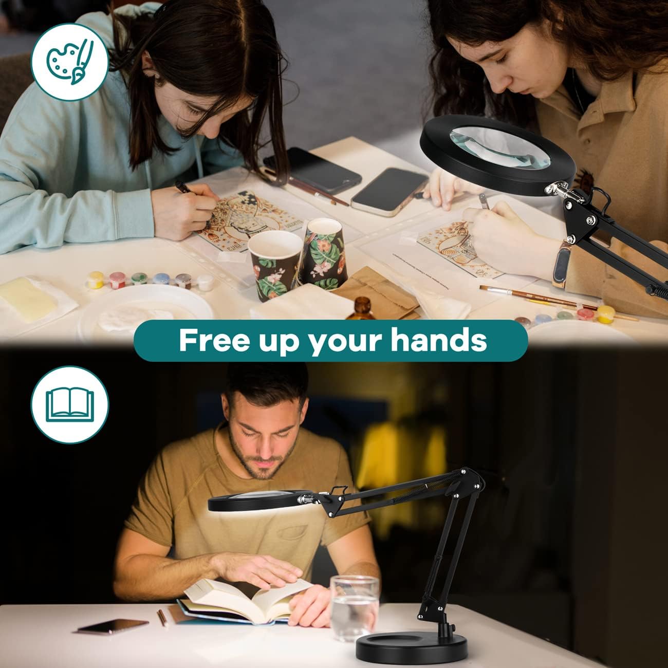 Drdefi – Lupa 10X con luz y soporte, lupa LED 2 en 1, 3 modos de color regulable continuo, lámpara de escritorio con aumento manos libres con