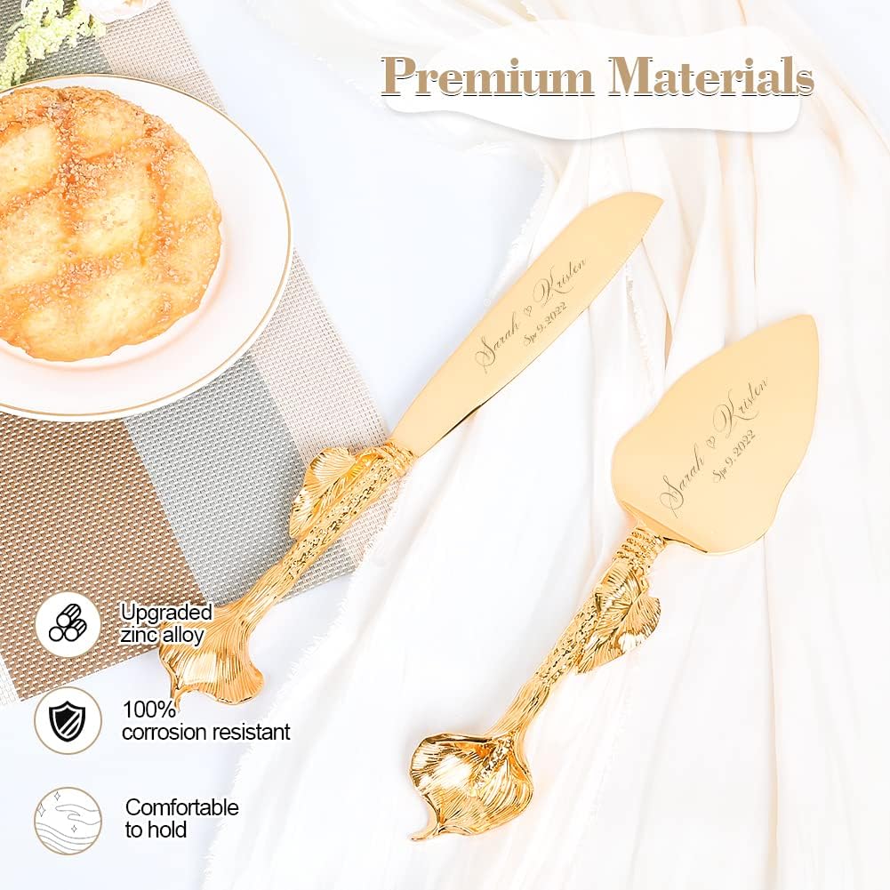 Juego de corte de pasteles para boda, juego de cuchillos y servidores dorados personalizados, juego de servir pastel de pastelería grabado, cortador