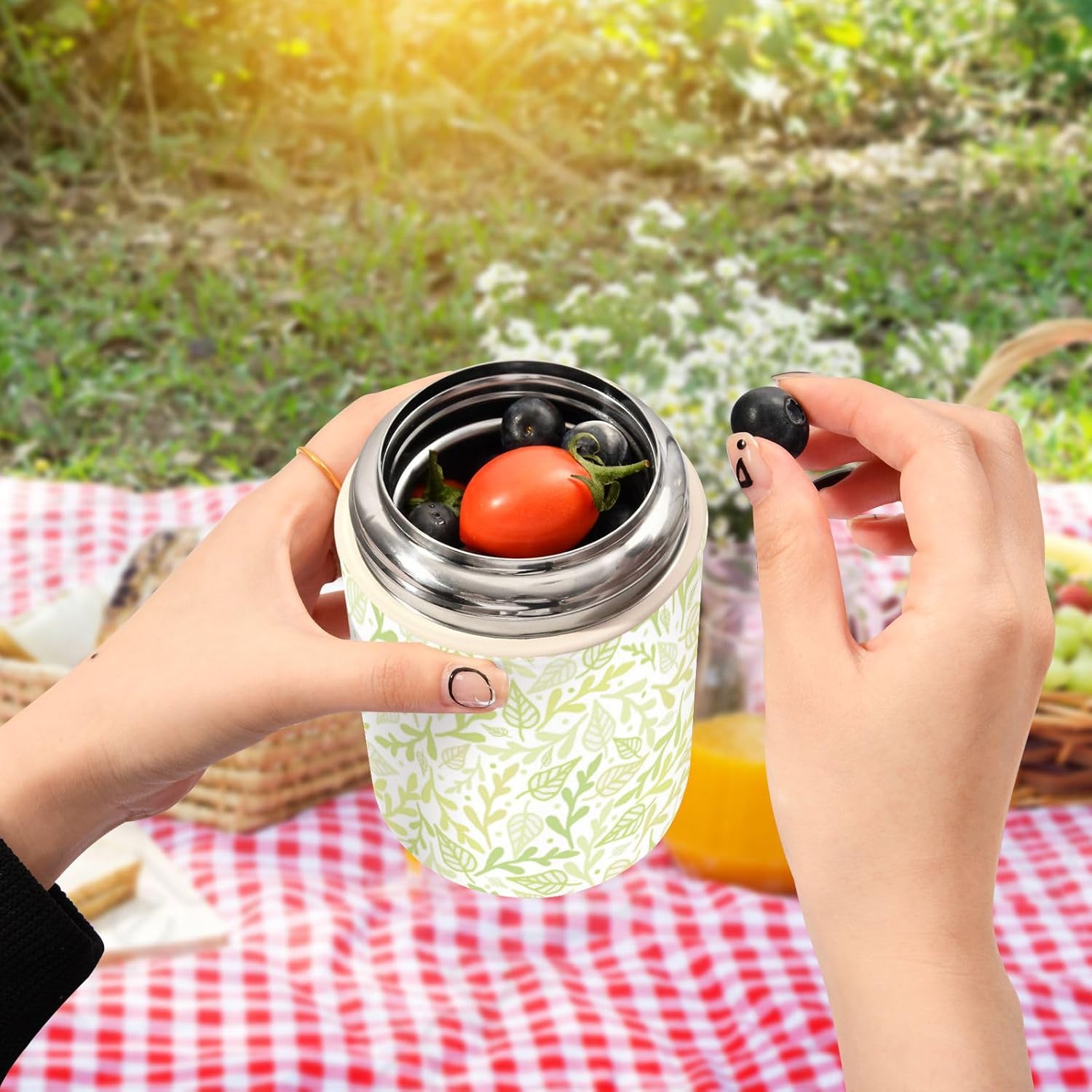 Green Plant Leaf Kids Womens Insulated Food Jar Container with Spoon 17oz500ml Food Containers For Hot Stainless Steel Vacuum Leakproof Insulated