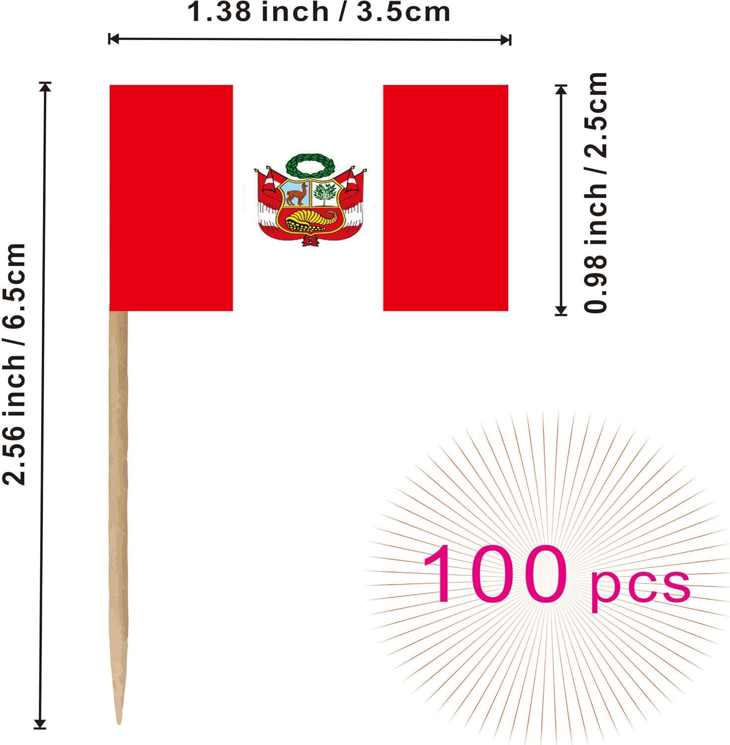 Bandera de palillo de dientes de Perú nacional peruano pequeño, mini cóctel para cupcakes de frutas, decoración de palitos de alimentos, paquete de