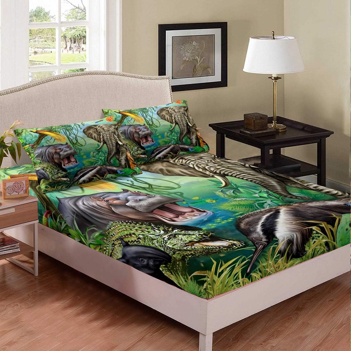 Juego de funda de cama con estampado de animales de la selva, tamaño Queen, diseño de cocodrilo, hipopótamo, elefante, tigre, safari, africano,