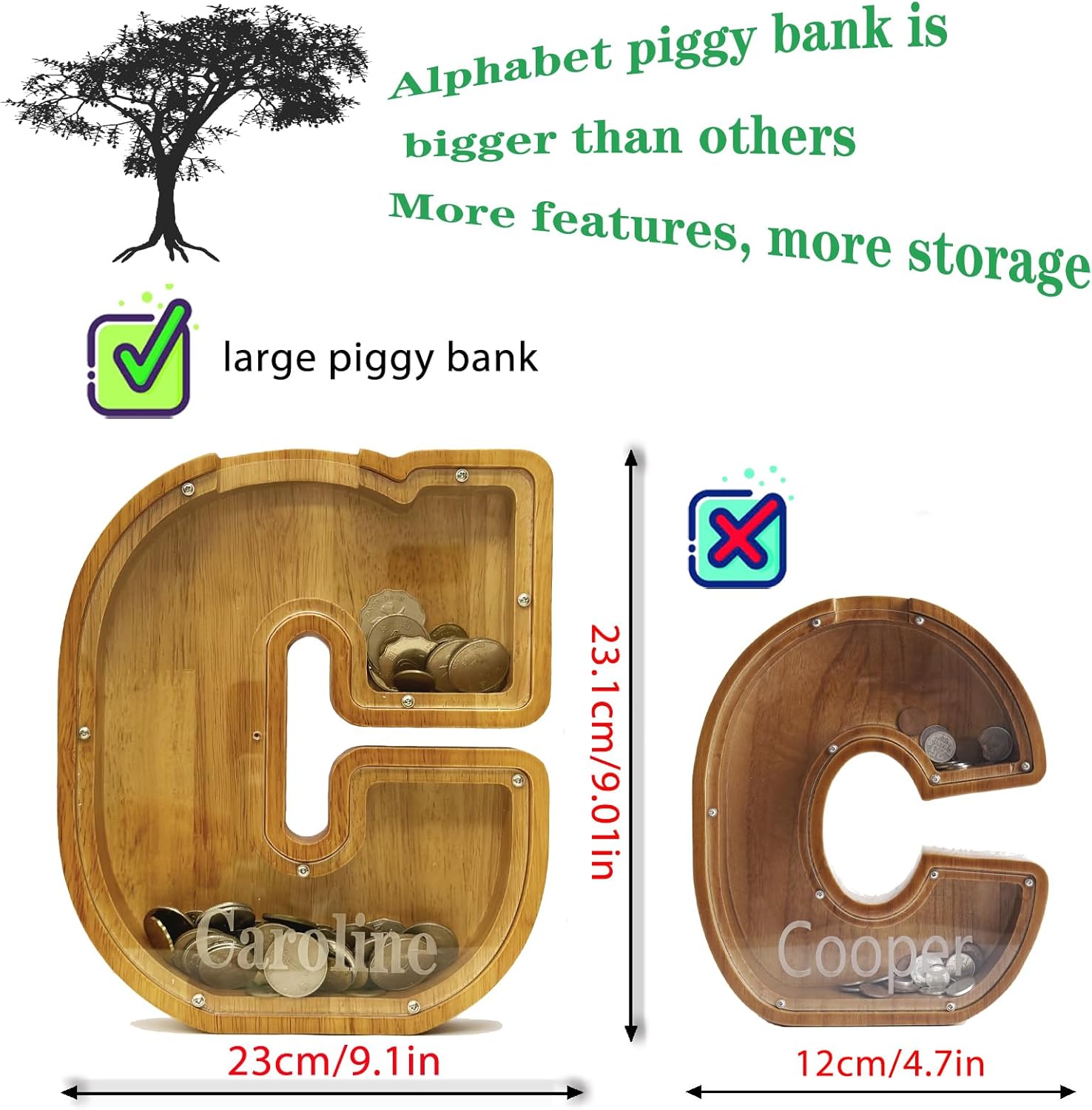 Alcancía personalizada del alfabeto de madera, alcancía para niños y niñas, alcancía para monedas, se puede utilizar como regalo de Navidad y