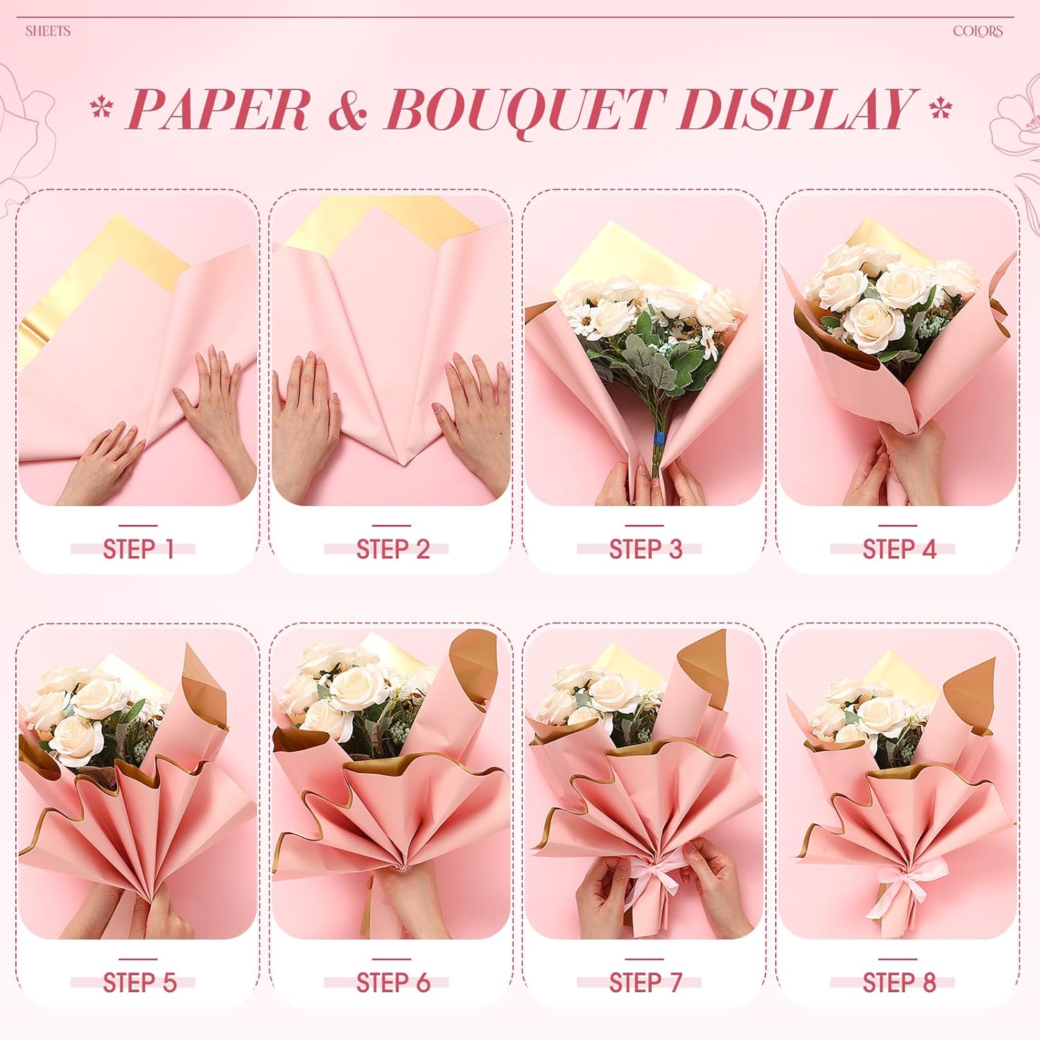 160 hojas de papel de regalo de flores de doble color, grueso, impermeable, papel de regalo para ramo de floristería, a granel para manualidades,