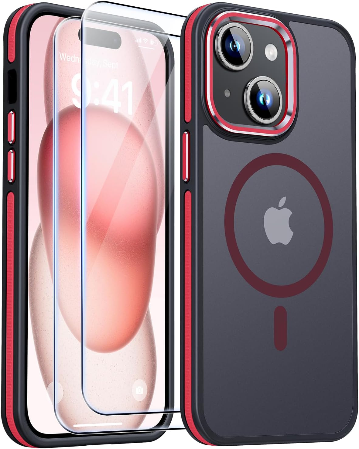 JAME Funda para iPhone 15, iPhone 15 con 2 protectores de pantalla de vidrio templado, compatible con Magsafe, protección de grado militar, funda