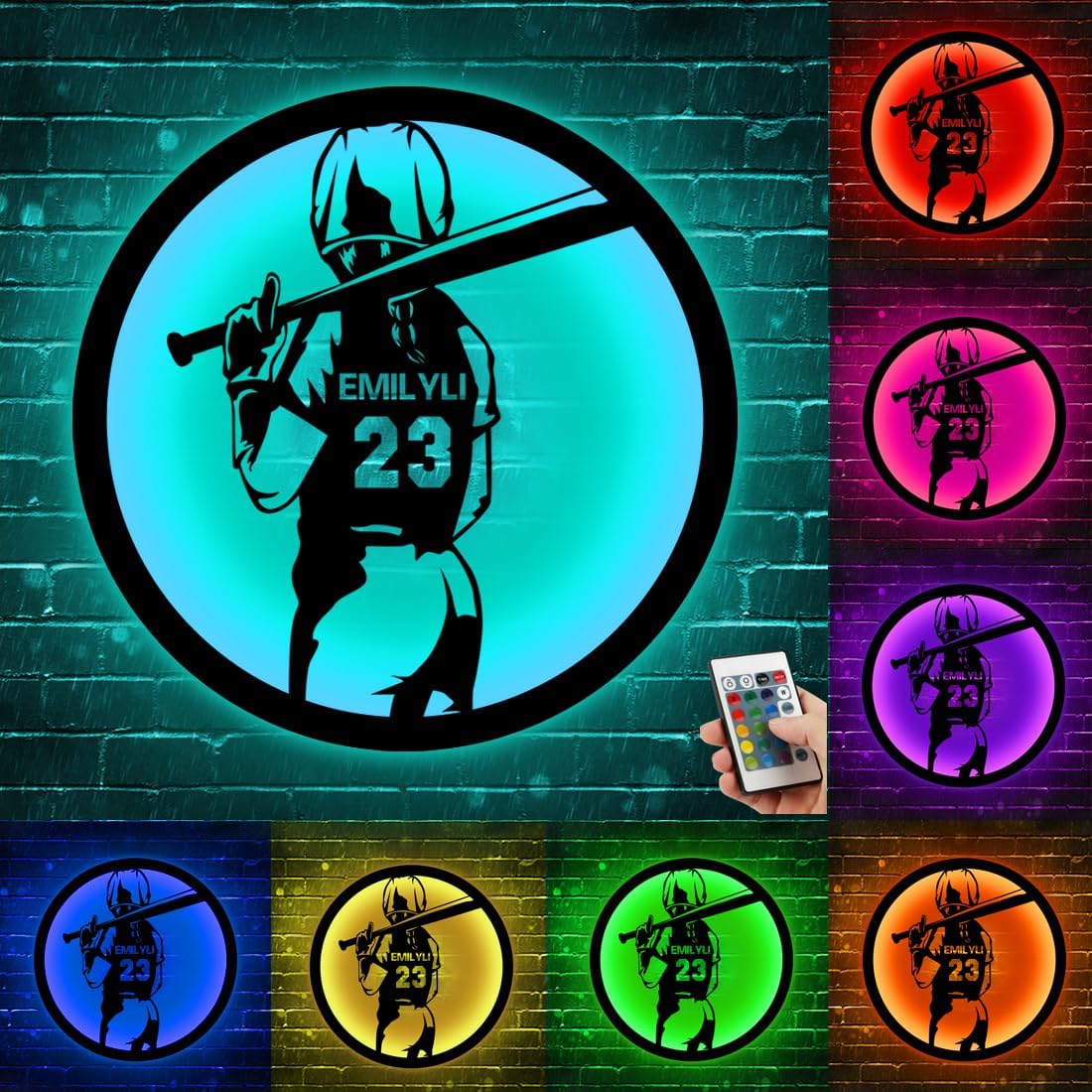 Letrero de metal personalizado para jugador de sóftbol con luz LED, nombre y número personalizado, arte de pared de sóftbol, letrero de neón con