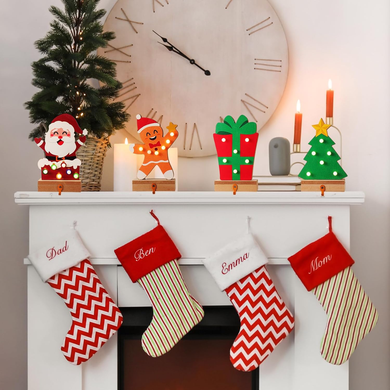 6 soportes para calcetines de Navidad con luz LED, árbol de Navidad, muñeco de nieve, Papá Noel, copos de nieve, ganchos para calcetines de Navidad,