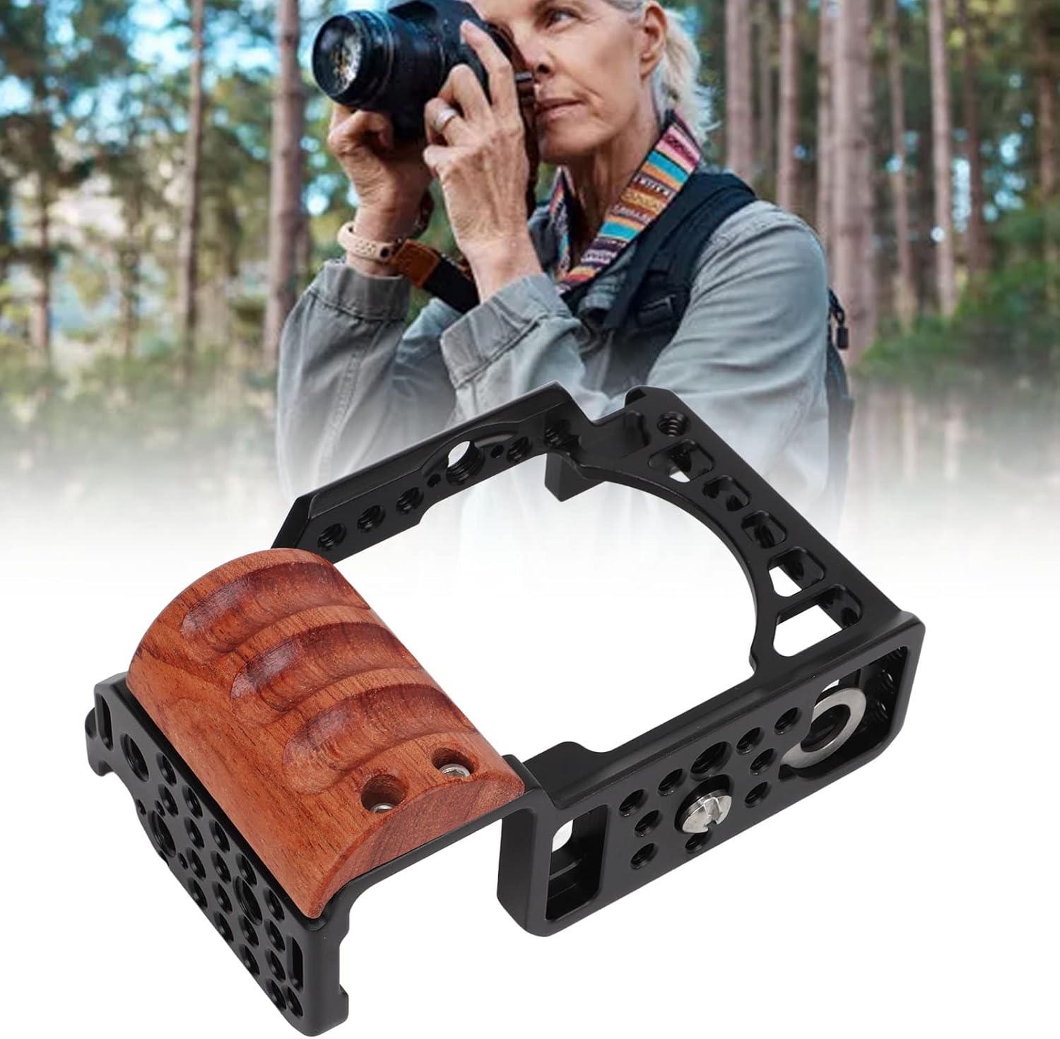 Jaula para Sony A6400 A6300 A6100 A6000, jaula de cámara de aleación de aluminio con mango de madera, jaula completa con zapata fría para agujero de