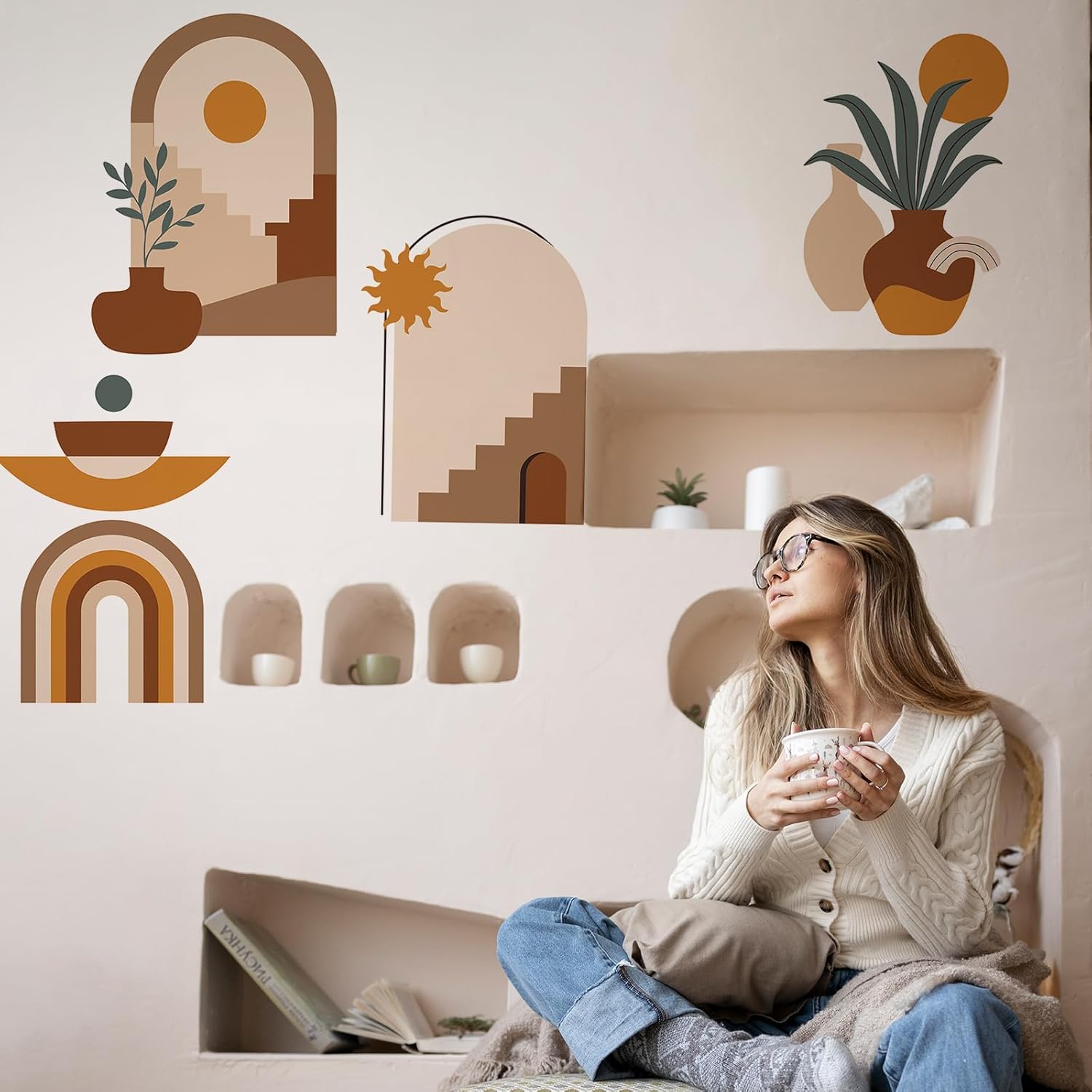 3 calcomanías de pared con arco bohemio, estilo bohemio, arte de pared para sala de estar y dormitorio, calcomanías de sol y luna y montaña (estilo