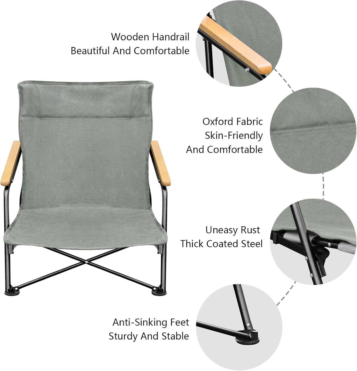 LAKIDAY Silla de playa, silla plegable ligera con pasamanos de madera, para acampar y actividades al aire libre, silla portátil que soporta hasta