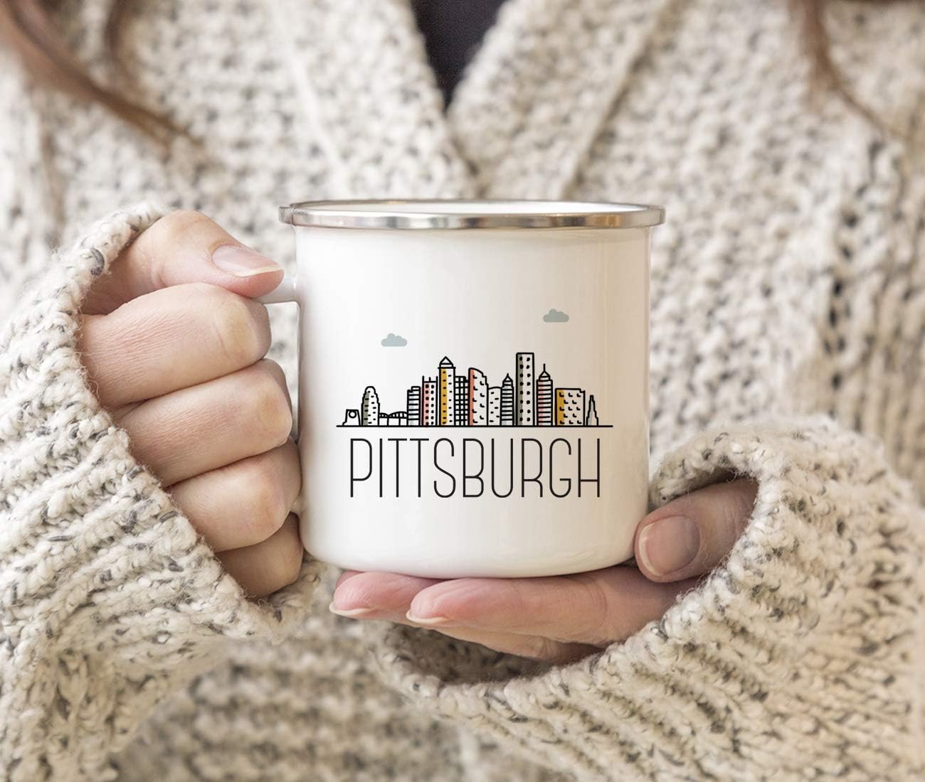 Andaz Press Taza de café de acero inoxidable de 11 onzas, Pittsburgh, gráfico colorido del horizonte de la ciudad, 1 paquete, ideas de regalo de