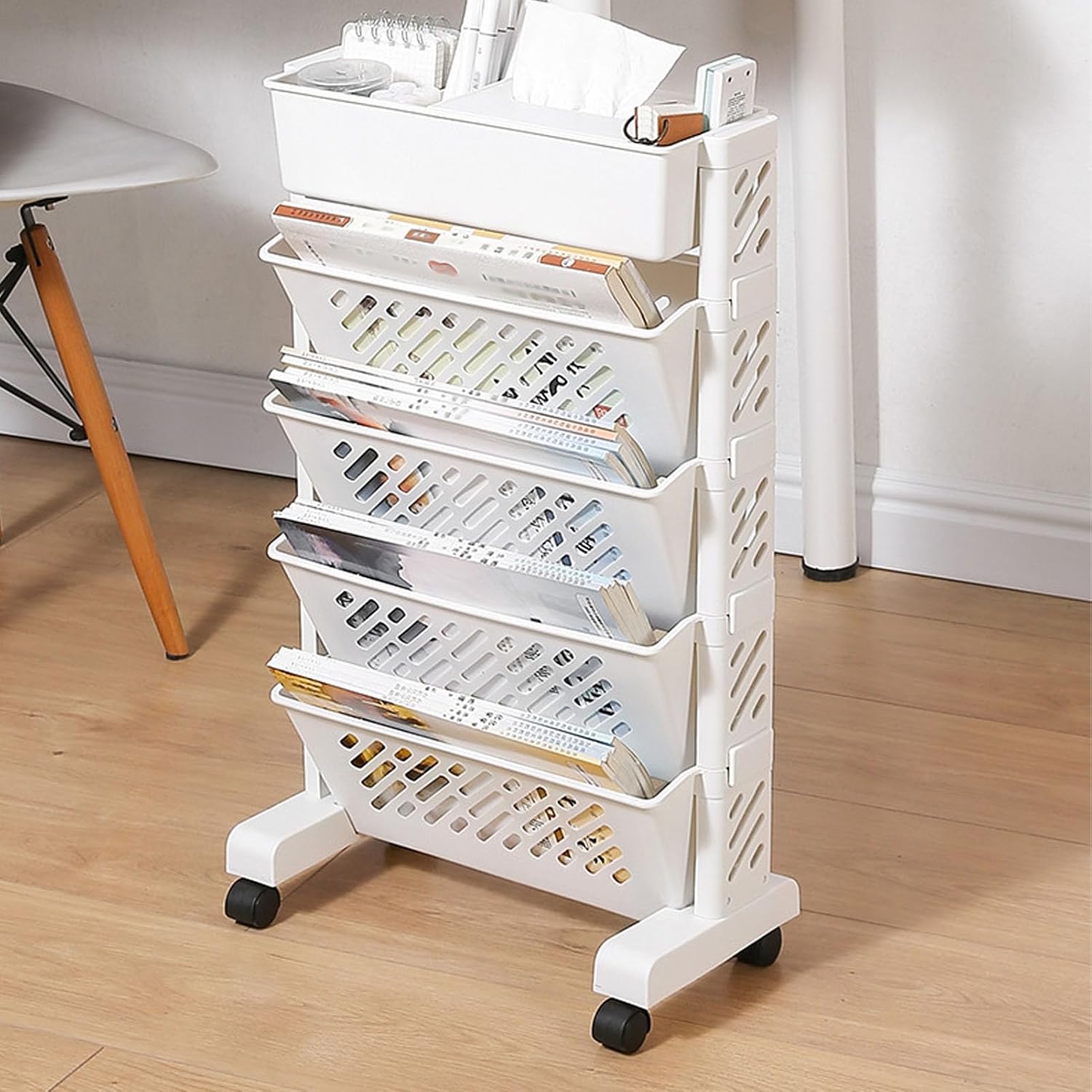 Estante organizador de almacenamiento blanco, estantería movible de plástico extraíble para sala de estudio en el hogar (5 capas)