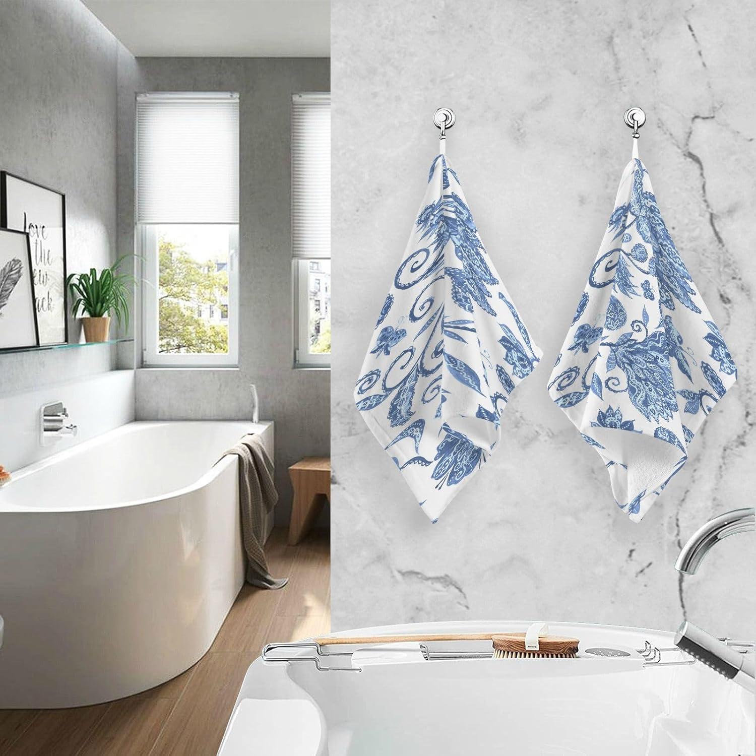 Juego de 2 toallas de algodón, toalla facial de secado rápido con flores azules y blancas, toallas de mano suaves y transpirables para baño,