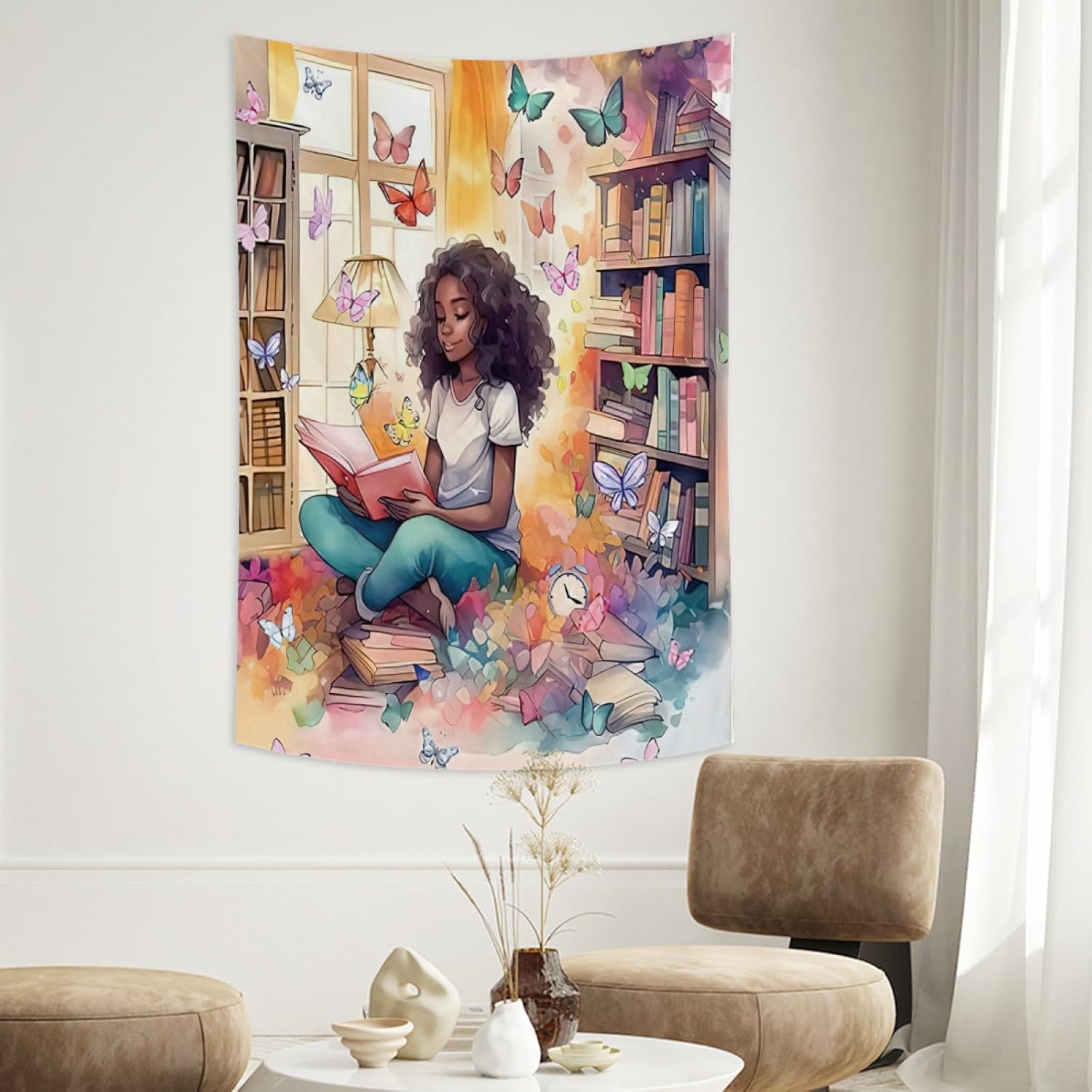 Tapiz de lectura para niñas afroamericanas, lienzo de lectura de libros, decoración estética inspiradora para colgar en la pared para dormitorio,