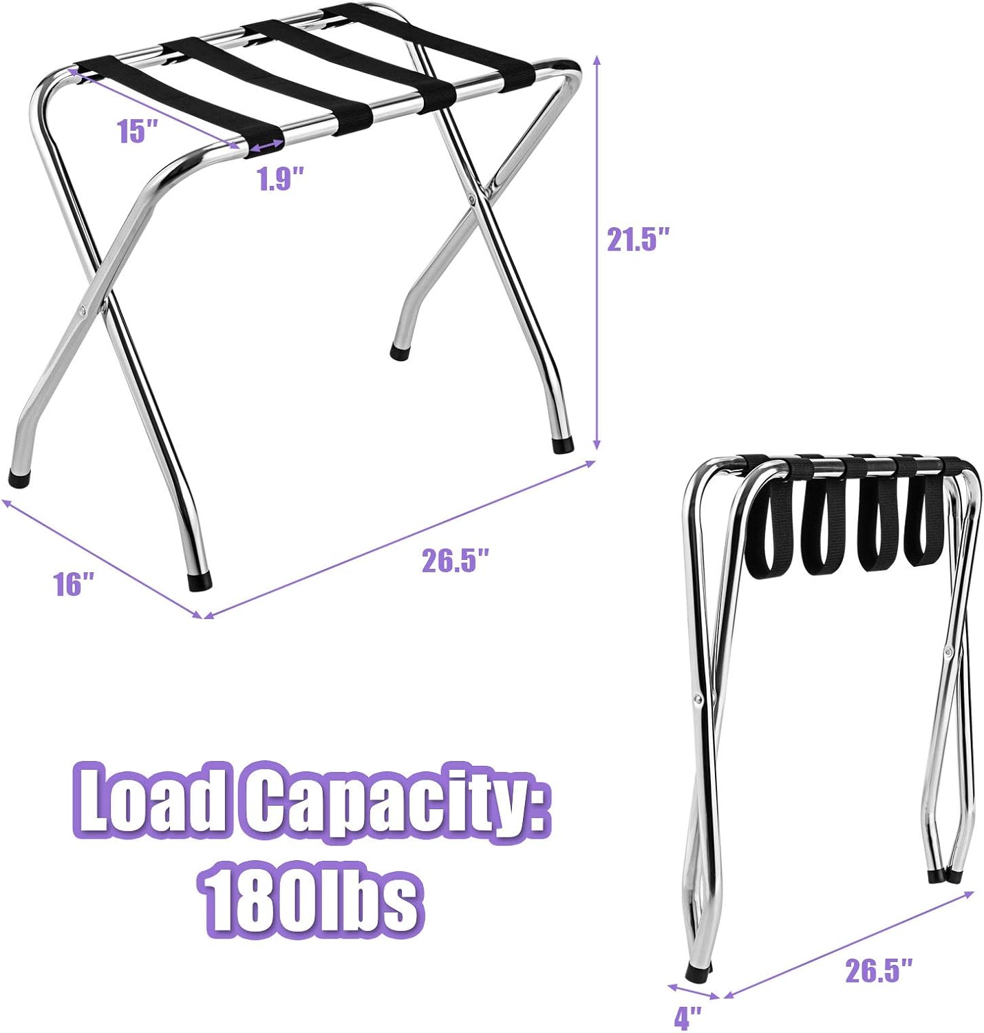 Tangkula Portaequipajes cromado para habitación de invitados, no requiere montaje, soporte plegable de metal para maleta con cinturones de nailon,