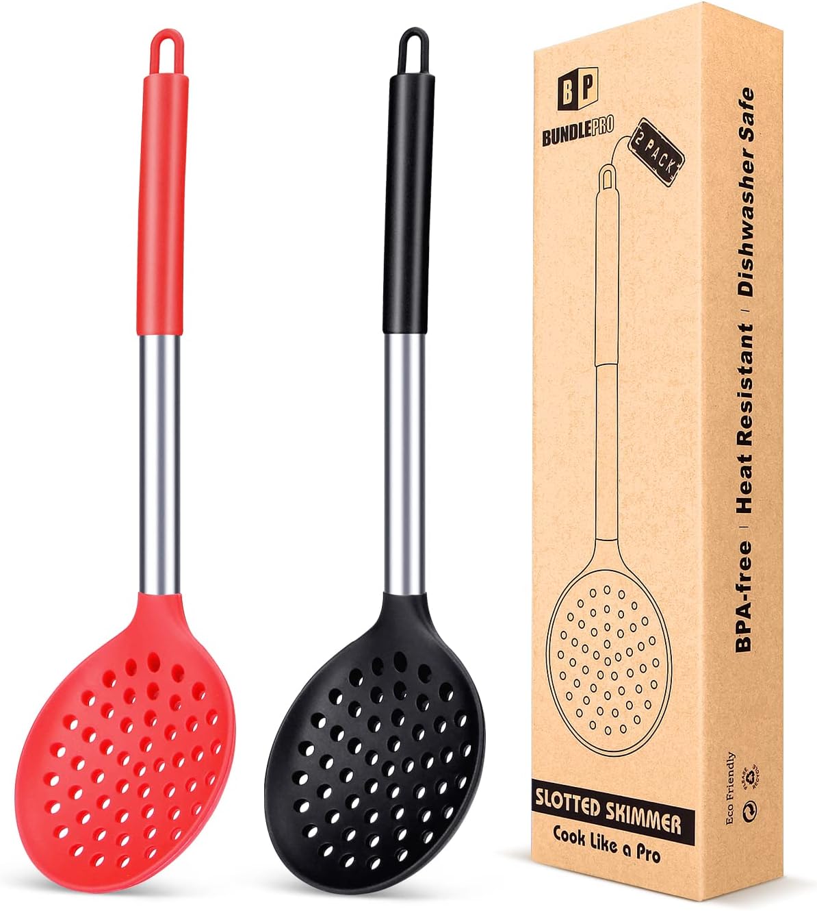 Kitchen Ladle Strainer Set of 2 Large Slotted Spoon with High Heat Resistant BPA Free Non Stick Cooking Skimmers For Draining & Frying (Black and