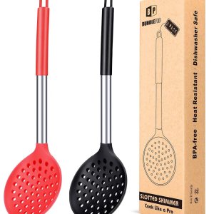 Kitchen Ladle Strainer Set of 2 Large Slotted Spoon with High Heat Resistant BPA Free Non Stick Cooking Skimmers For Draining & Frying (Black and Kitchen Ladle Strainer Set of 2 Large Slotted Spoon with High Heat Resistant BPA Free Non Stick Cooking Skimmers For Draining & Frying (Black and