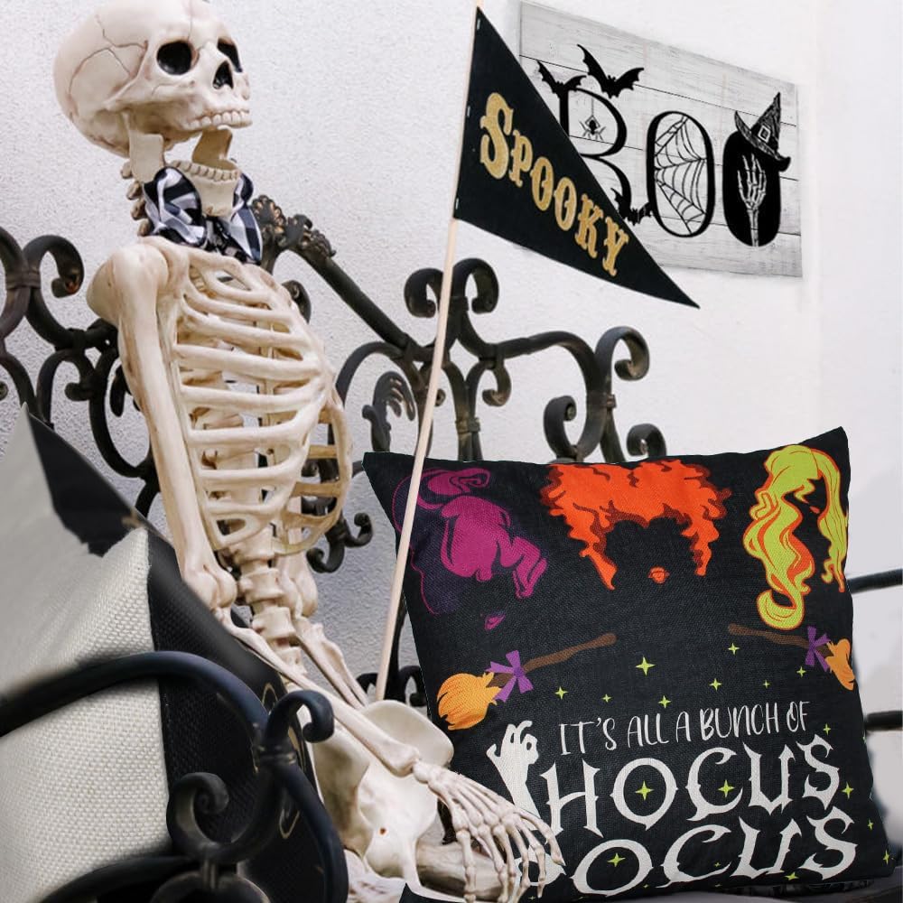 Fundas de almohada de Halloween de 18 x 18 pulgadas, juego de 4 fundas de almohada de Hocus Pocus, Amuck y castillo, color negro, Sanderson Sisters