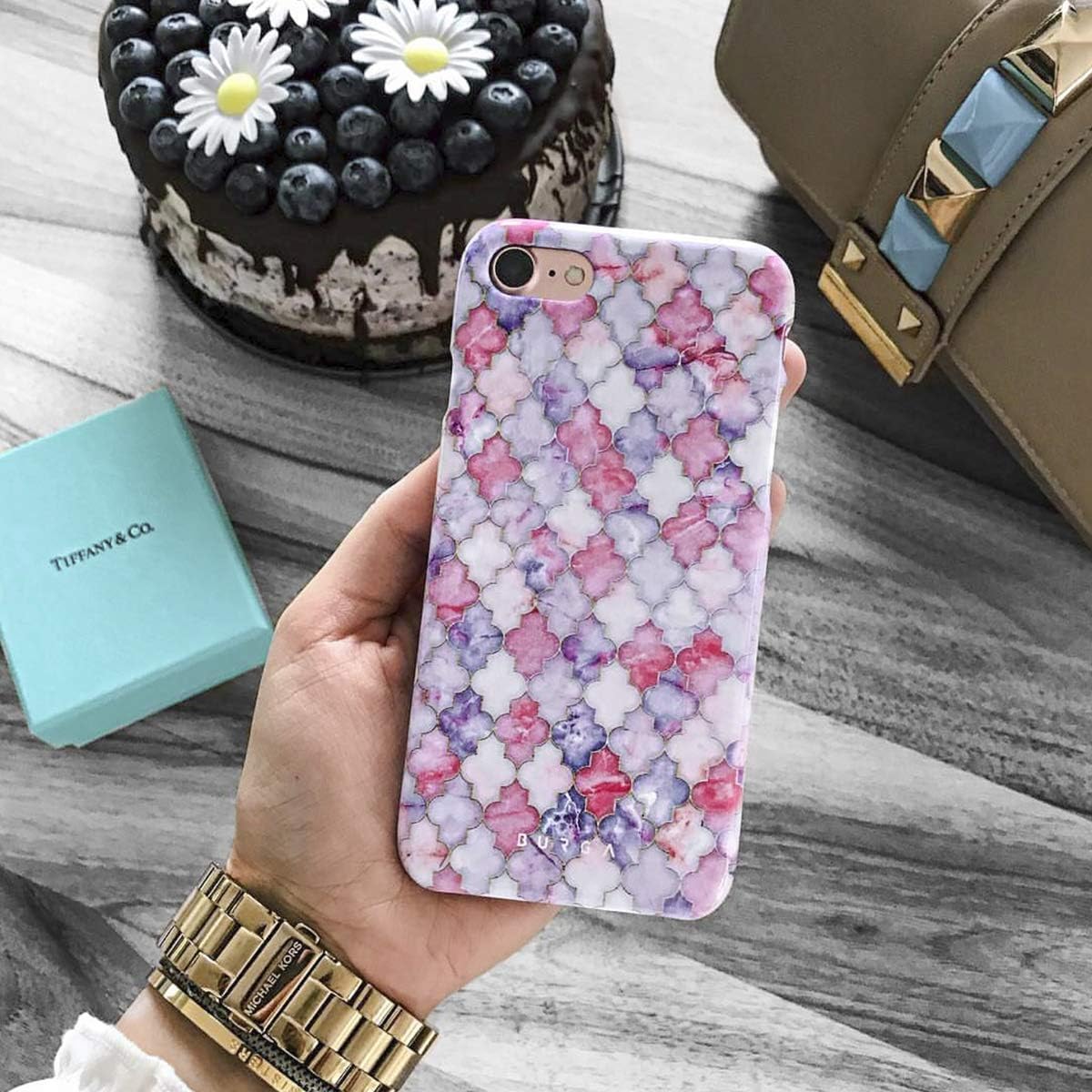 BURGA Funda para teléfono compatible con iPhone 13  Encantadora Esmeralda Rosa Claro Marroquí Patrón Mosaico de Mármol Linda funda protectora de