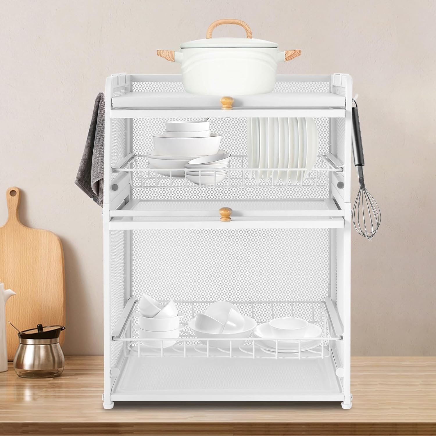Escurridor de platos, armario de almacenamiento independiente de 3 niveles para encimera, escurridor de platos de cocina con puertas y bandeja de