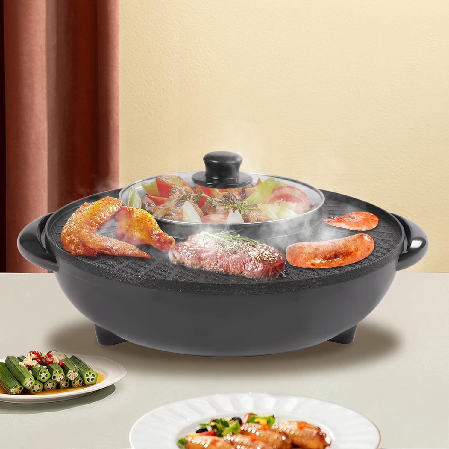 Olla caliente con parrilla 2 en 1, parrilla portátil multifuncional sin humo, combo de parrilla eléctrica para interiores, capacidad para 3-5