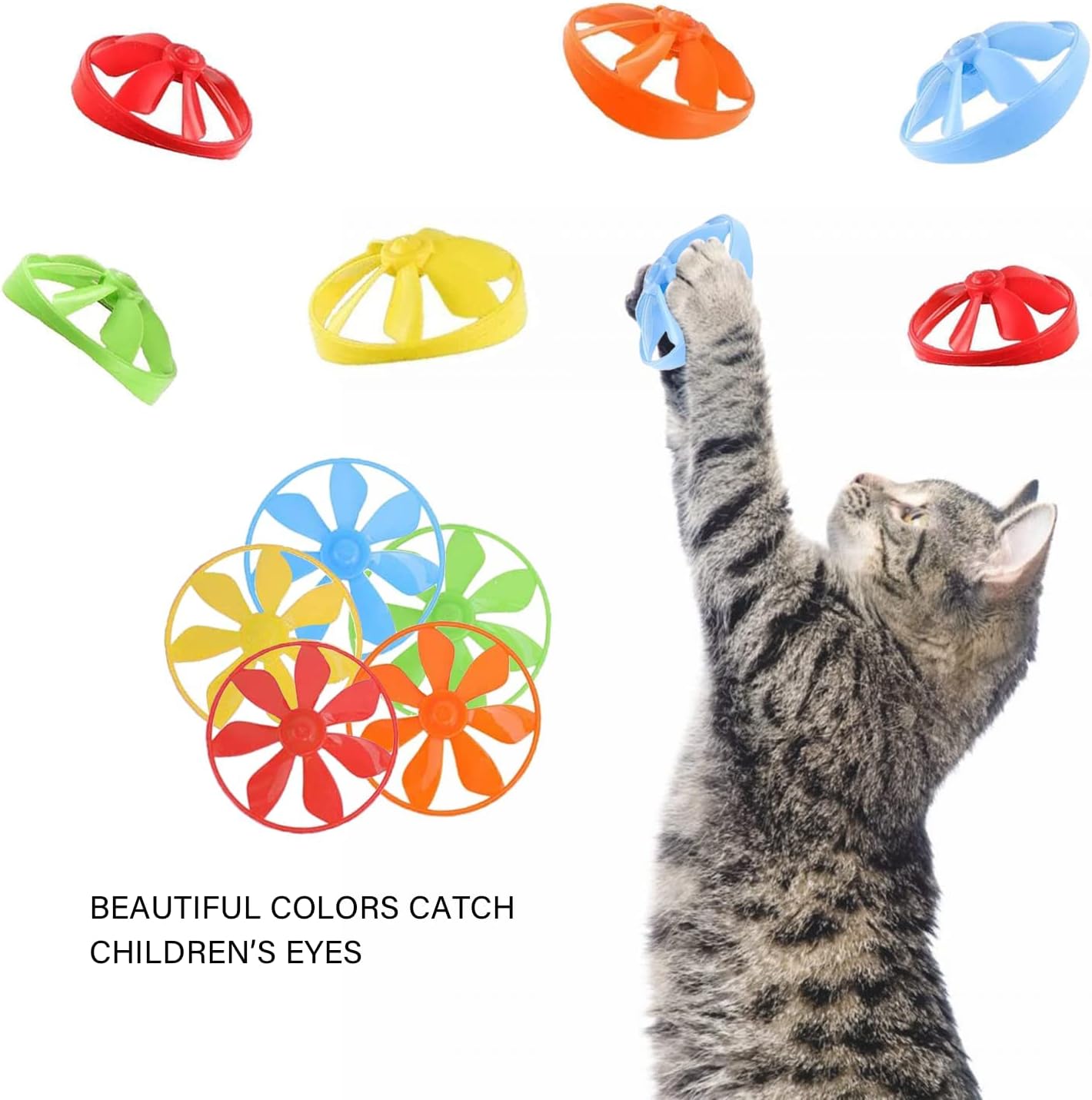 12 piezas de juguetes para gatos voladores, lanzador de platillos para interiores, juguetes de disco para entrenamiento con hélices coloridas