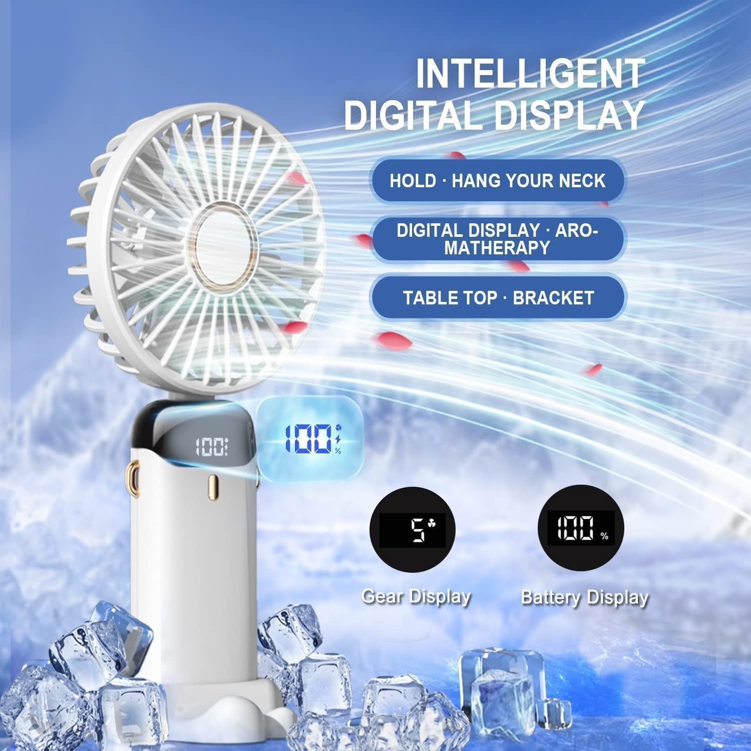 lightlux Mini ventilador portátil de mano, recargable por USB de 5000 mAh, 5 velocidades, plegable, pequeño ventilador de escritorio con pantalla
